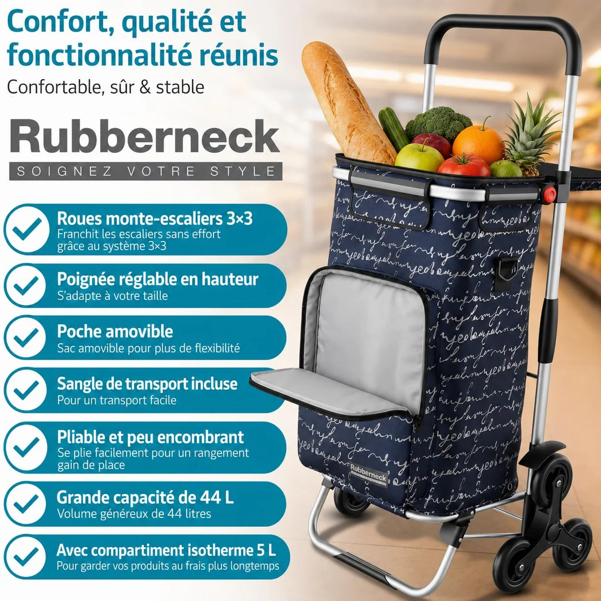 Rubberneck Chariot de Courses Pliable 44L avec Compartiment Isotherme Bleu