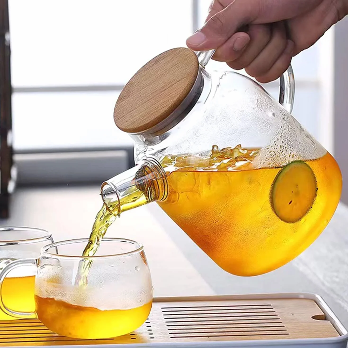 Théière en verre borosilicate 1,6 L avec filtre métal et couvercle bambou