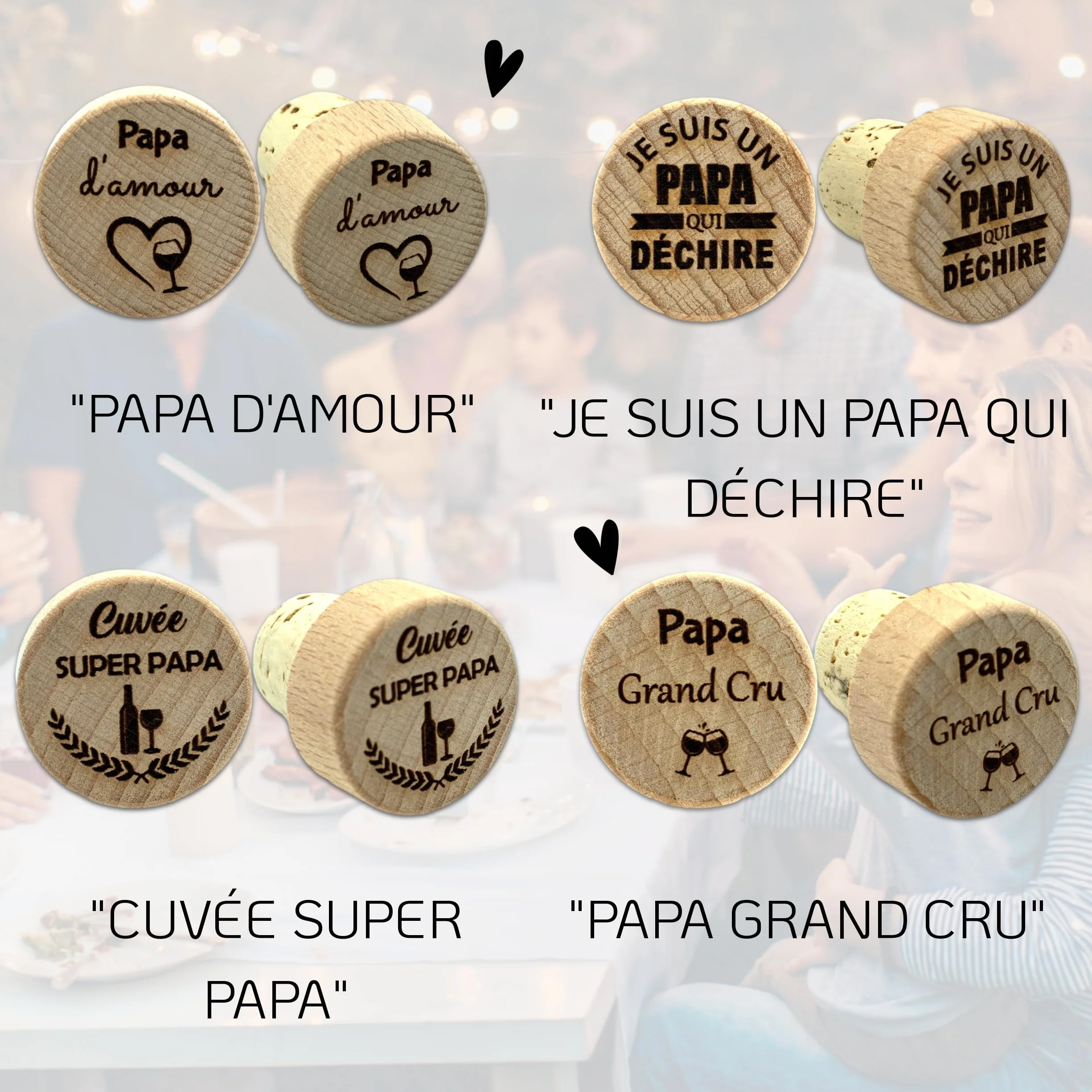 Lot de 4 Bouchons Papa personnalisés - Cadeau fête des pères - Idée Cadeau Homme - Accessoire vin