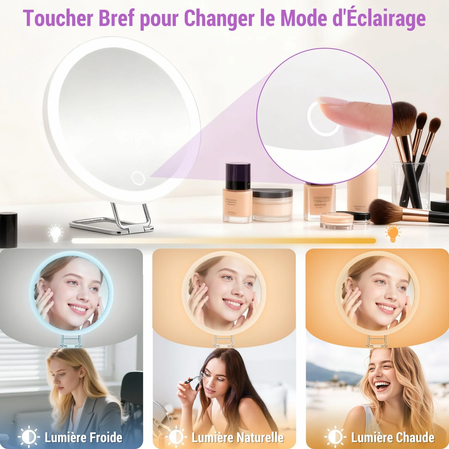Miroir Grossissant Lumineux 40X Grand Miroir de Maquillage Tricolore Réglable Support Rotatif 360° LED Portable 3 Ventouses