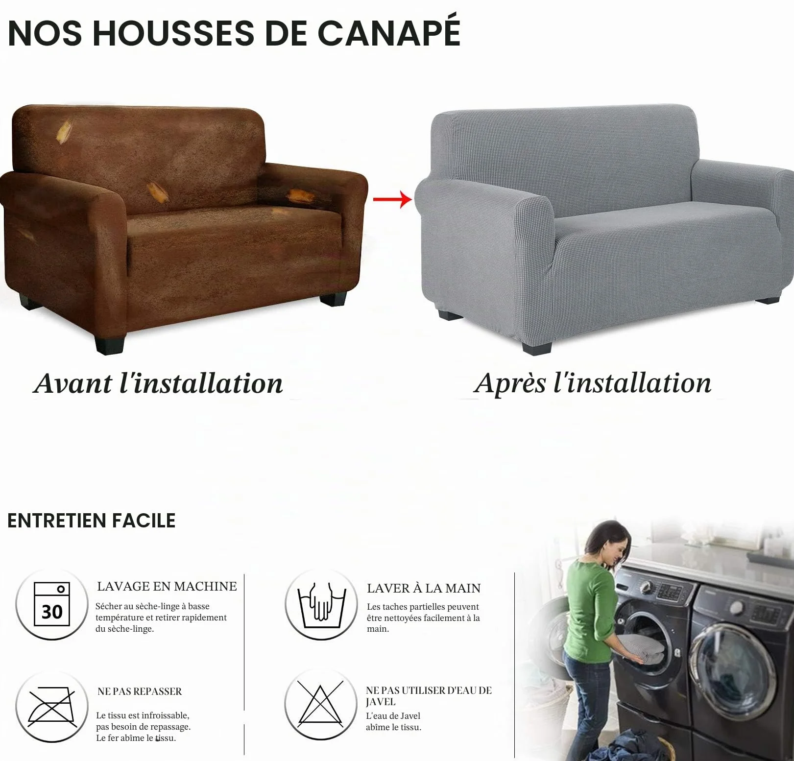 Housse de Canapé Extensible en Élasthanne Antidérapante, Protection Antisalissure pour Animaux, 1 Place Gris Clair