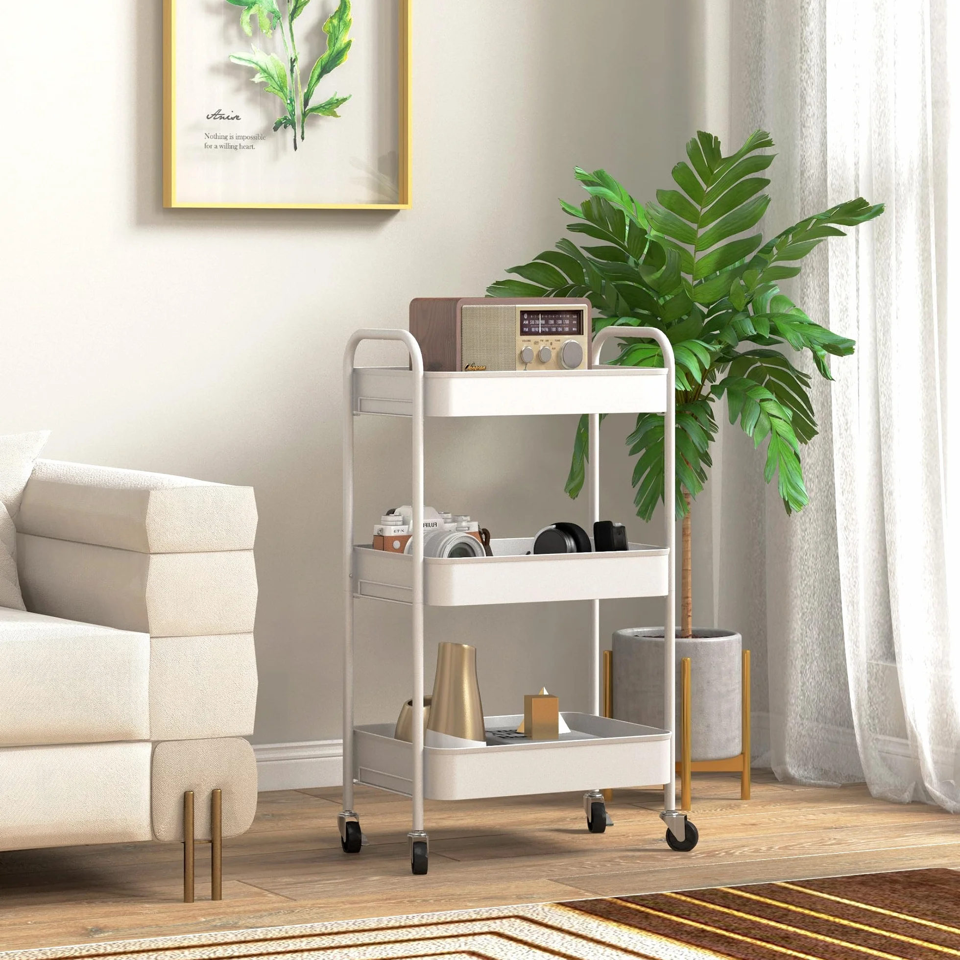 HOMCOM Chariot de Rangement en Acier 3 Niveaux Plateaux ajourés 45 x 30,6 x 79 cm Blanc