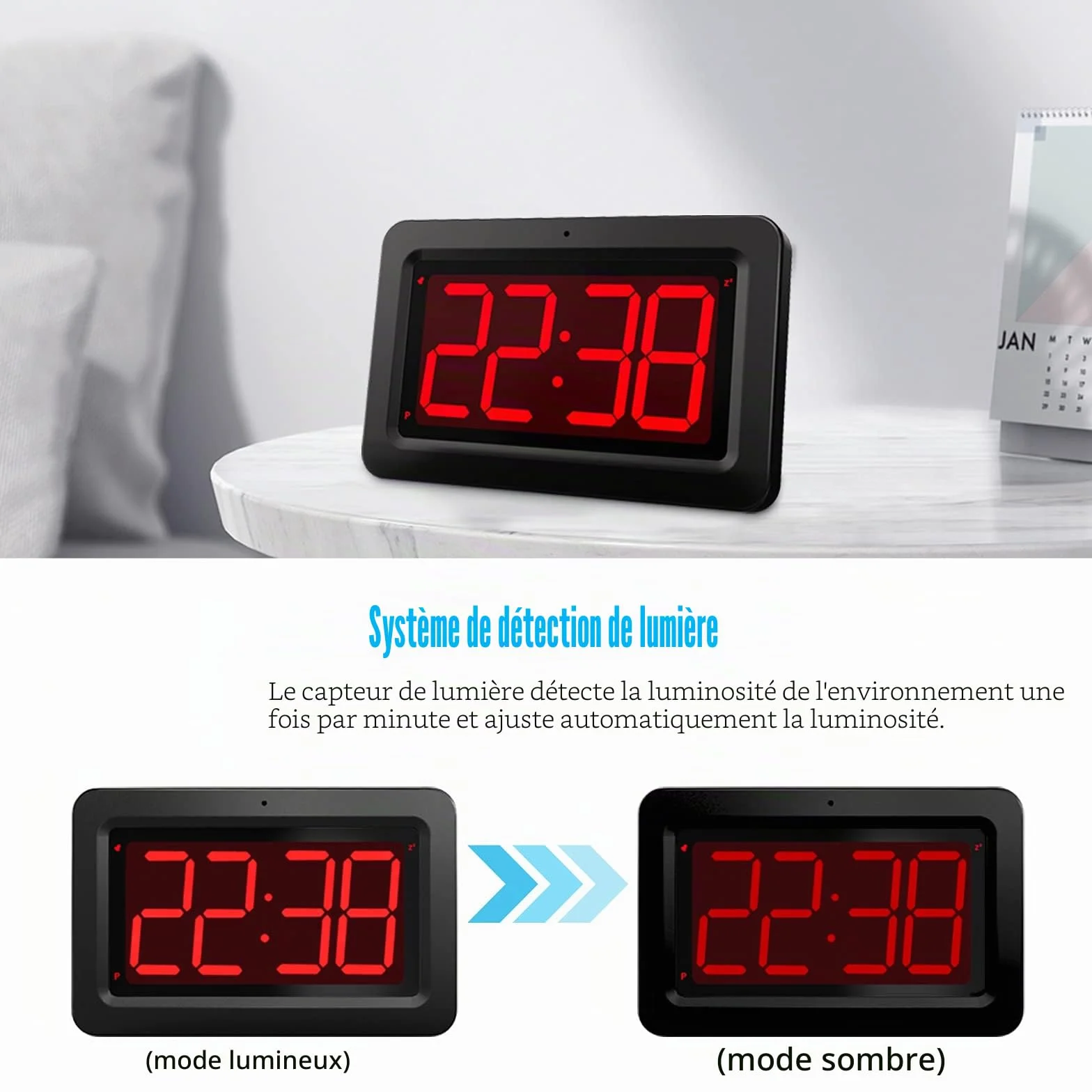 Horloge Murale LED Affichage Numérique Rouge 21,5 x 14 x 4,5 cm Alimentée par Batterie ou Adaptateur Réveil Lumineux