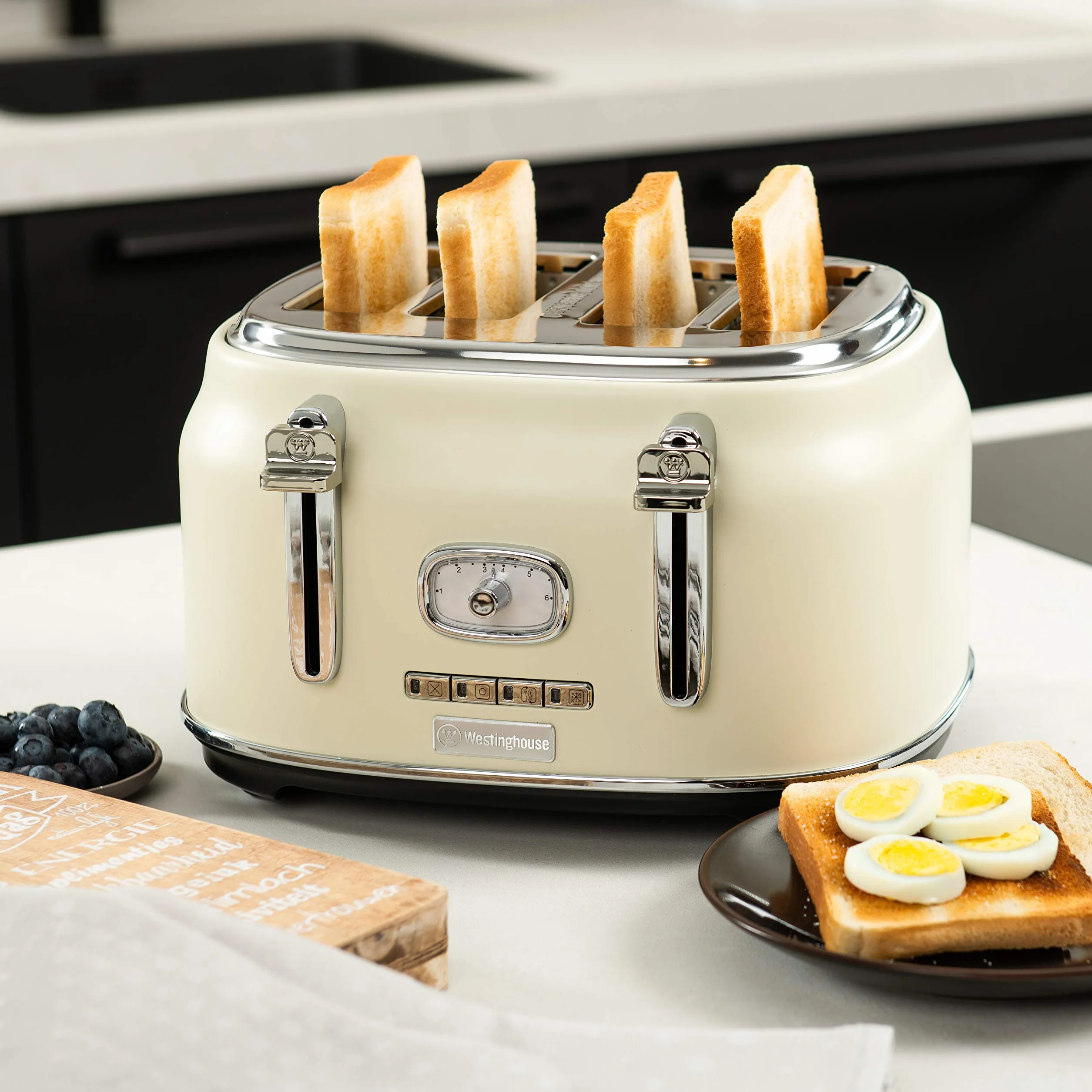 Westinghouse Retroline Set petit-déjeuner blanc grille-pain bouilloire 1,7 l filtre anti-calcaire protection surchauffe grille-pain quatre fentes