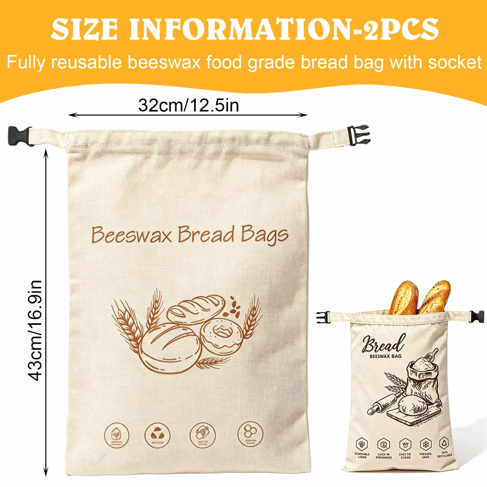 Sacs à pain en cire d'abeille réutilisables 43 x 32 cm avec mousqueton et doublure TPU amovible