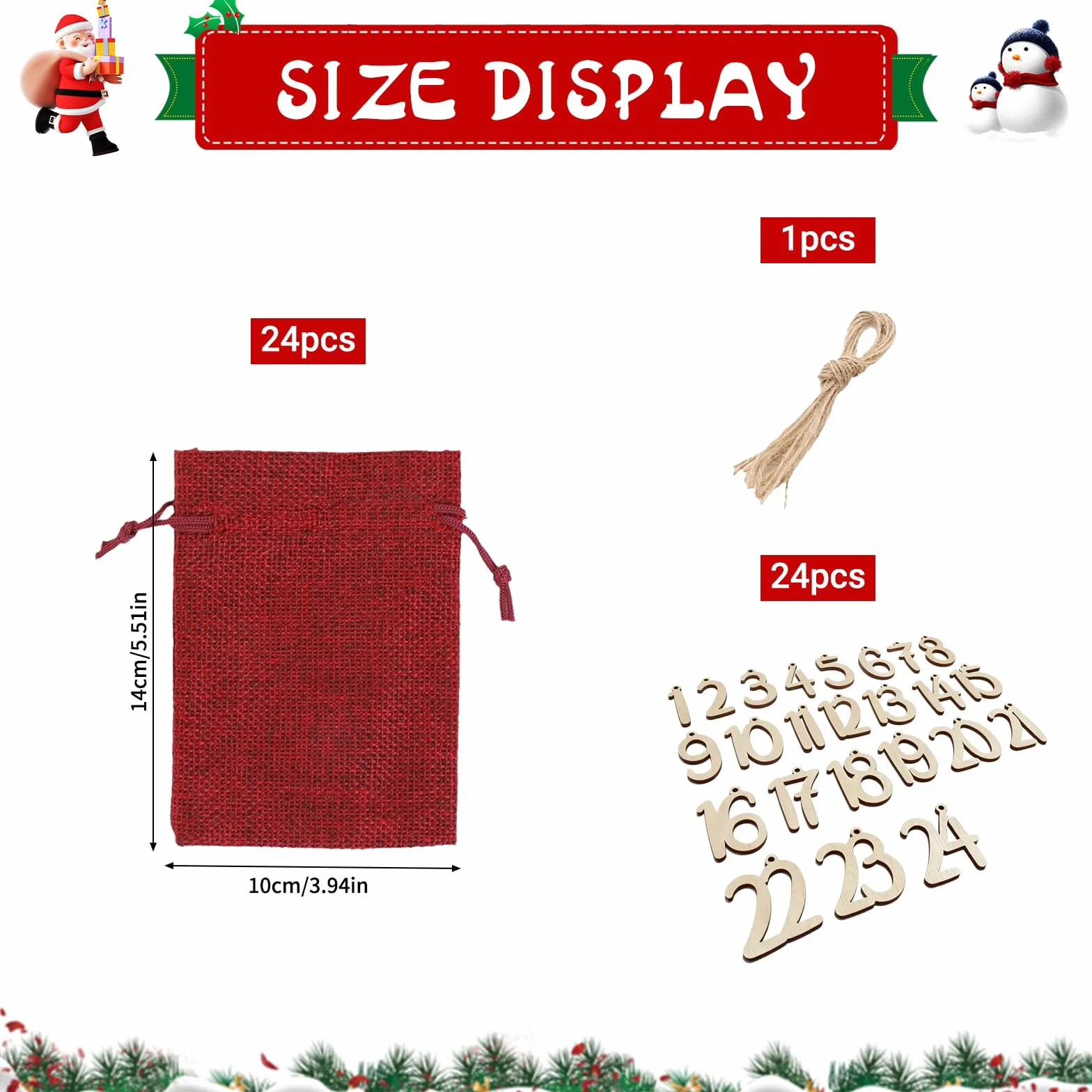 Calendrier de Noël à Remplir 24 Pièces Sacs pour Calendrier de l'Avent Vide DIY Cadeaux Pochon Tissu
