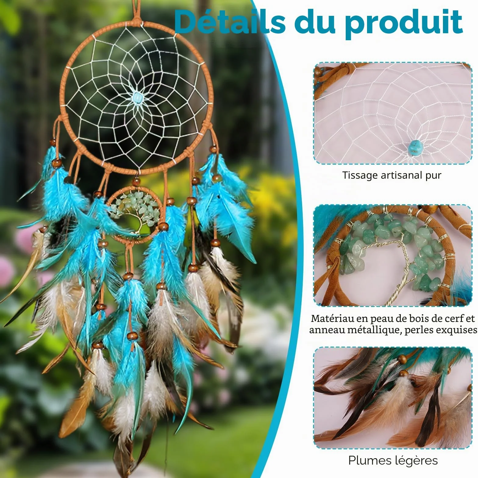 Attrape Rêve 60 cm Bleu Vintage Plumes Fait Main Bohème Grand Capteur de Rêves Décoration Murale
