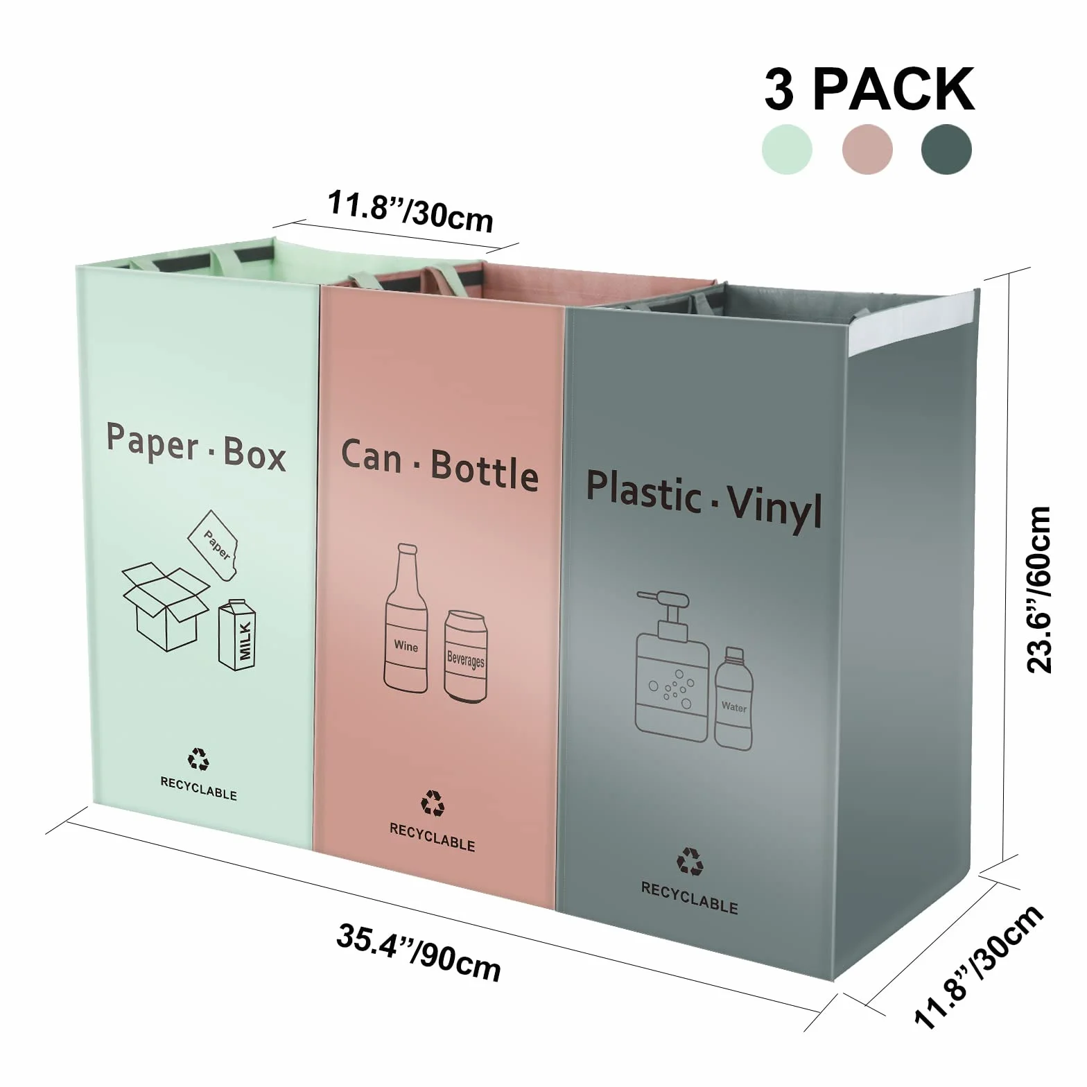 BOMEI PACK Lot de 3 Bacs de Déchets Trieur à Déchets pour Recyclage Rose Gris Vert Poubelle Extérieur Intérieur Papier Verre Plastique