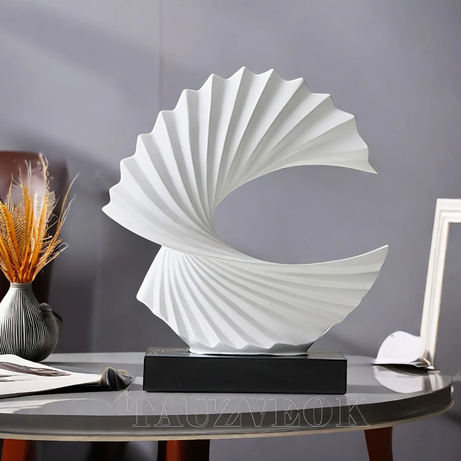 Sculpture Abstraite Base Noire Vague De L'océan Art De Table Blanc H 28cm