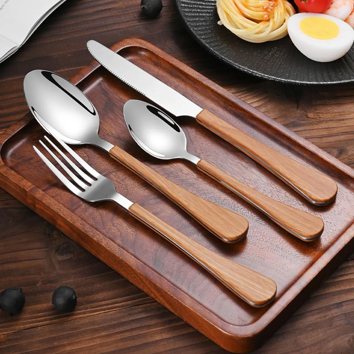 Ensemble de 10 Couverts en Acier Inoxydable avec Manches en Bois, 40 pièces (Couteaux, fourchettes, cuillères à café), Aspect Bois, argenté - 64 pièces