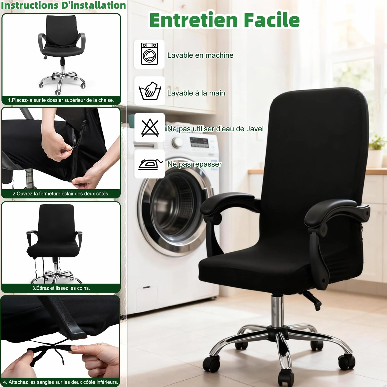 Housse de Chaise de Bureau Dioxide, Fauteuil Bureau à Fermeture Éclair Lavable Universelle Noir M
