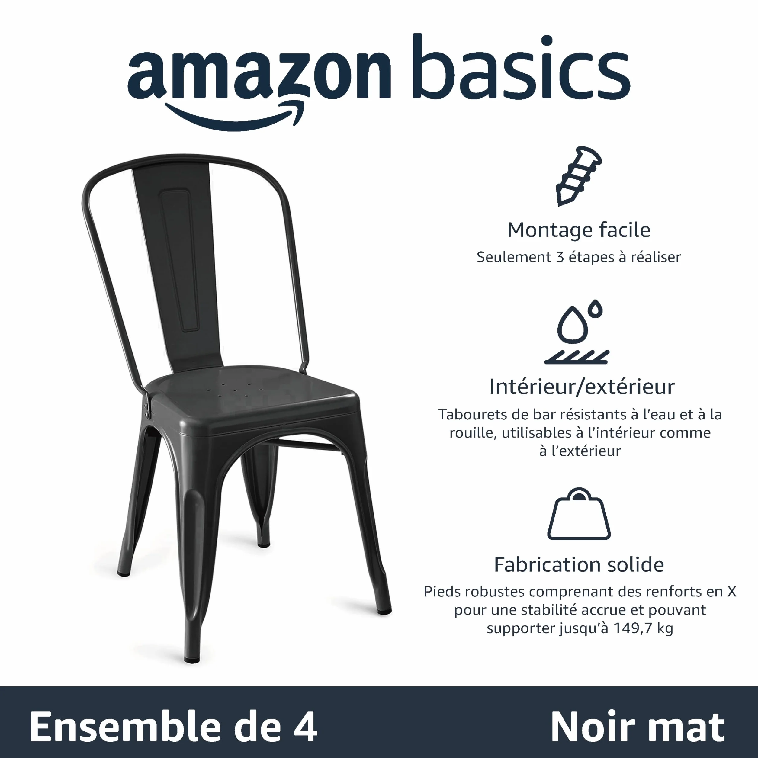 Amazon Basics Lot de 4 chaises de salle à manger empilables en métal, Noir, 51 x 43 x 85 cm