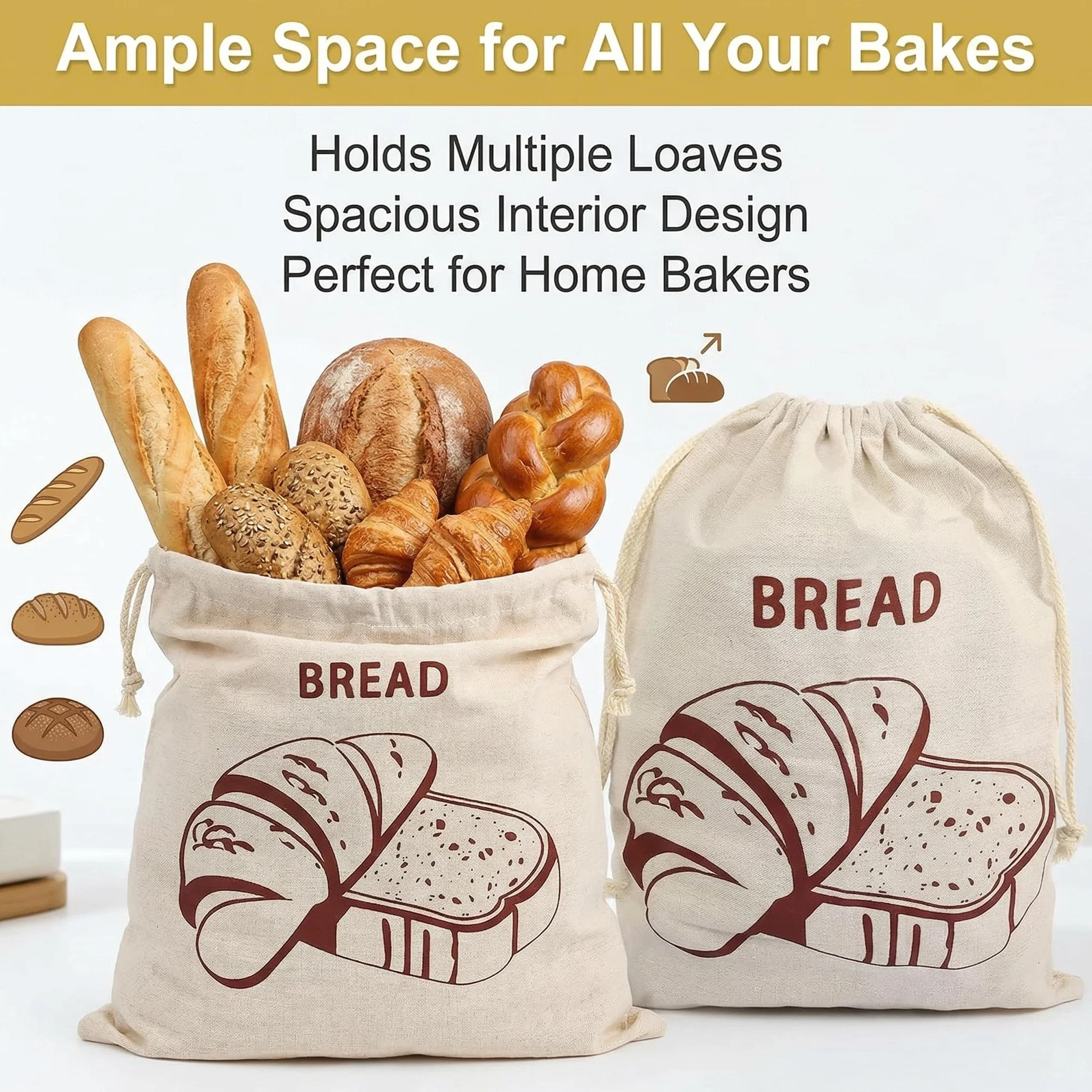 Sac à Pain Réutilisable en Tissu Lot de 2 30 x 40 cm avec Cordon de Serrage pour Baguette Fruits Stockage