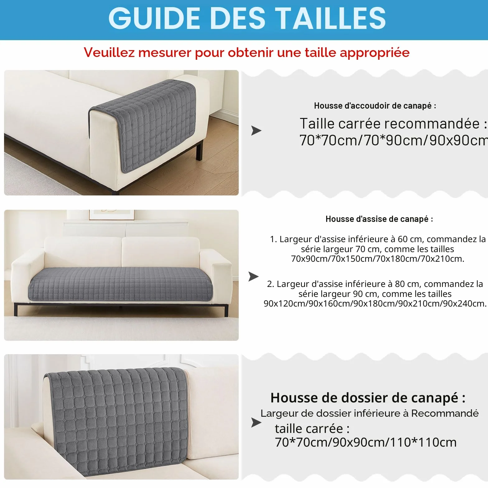 Housses de canapé en flanelle lavables antidérapantes 70x150cm Gris