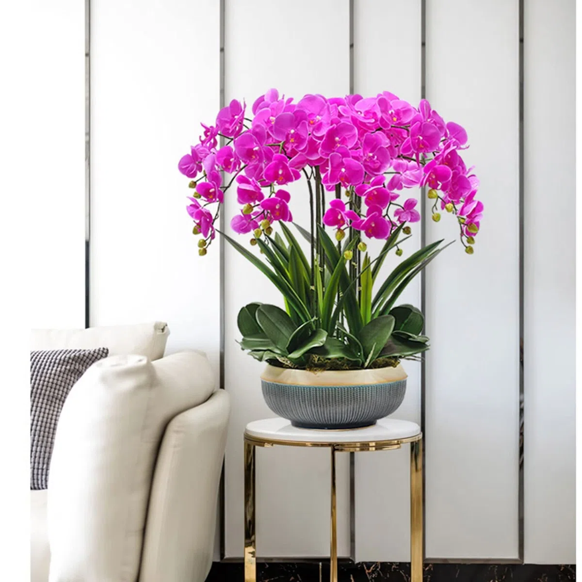 Fleur artificielle avec orchidée en pot Fleurs artificielles de phalaenopsis dans des plantes en pot Ensemble d'orchidées artificielles pour centres de table à la maison Cuisine Salle à manger Or
