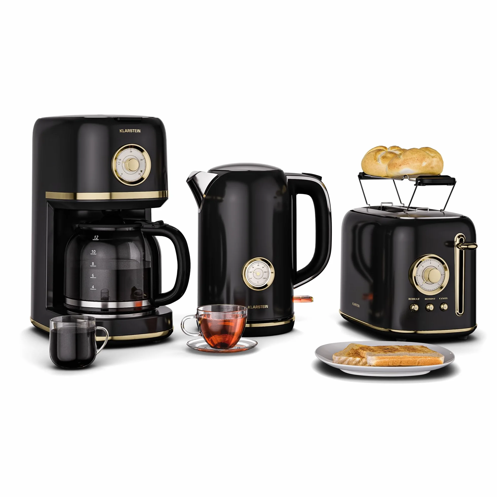 KLARSTEIN Victoria Set Petit-Déjeuner Complet – Grille-Pain 2 Fentes 7 Niveaux, Bouilloire Électrique 1,7L, Cafetière Filtre 12 Tasses, Design Rétro, Noir