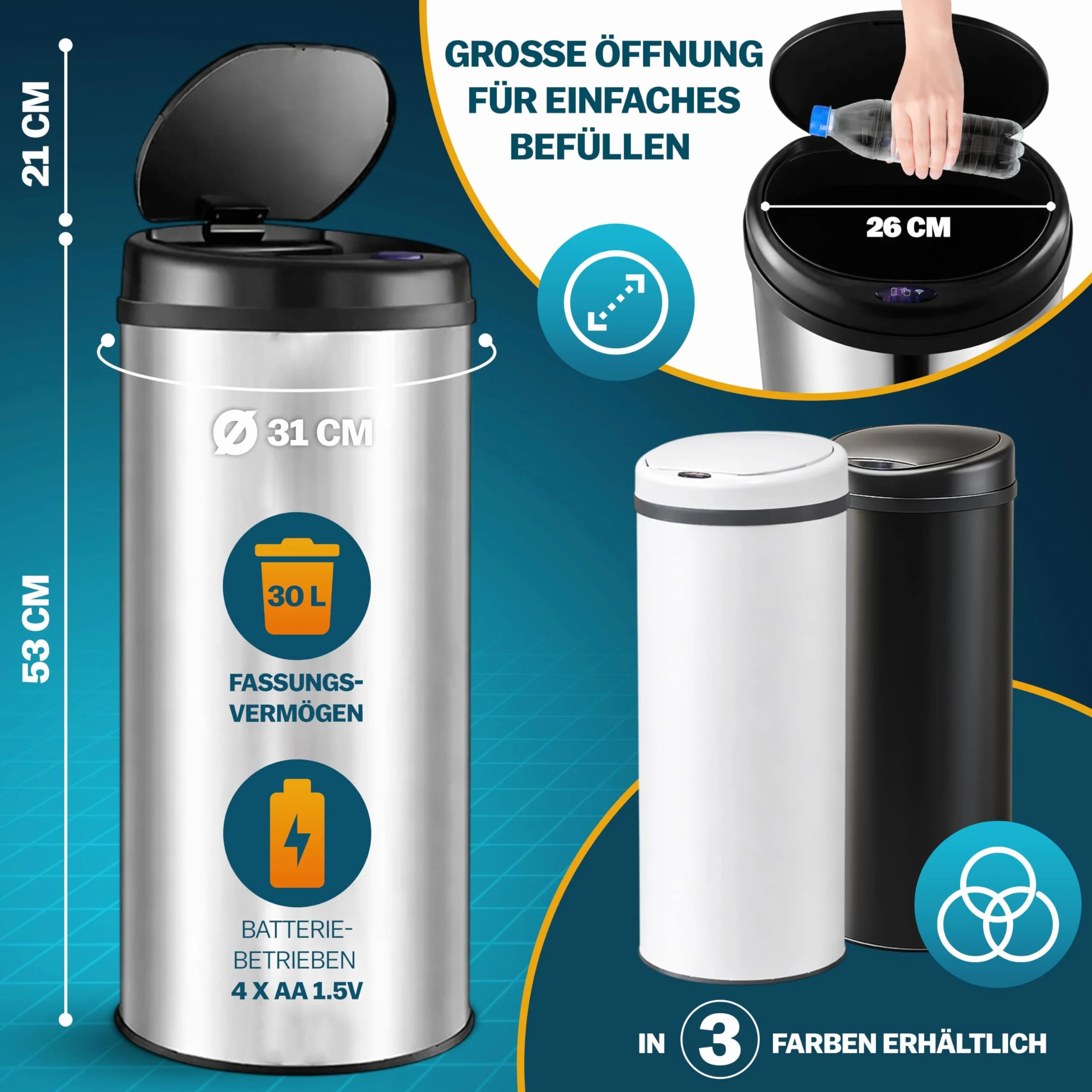 Poubelle automatique acier inoxydable 30L capteur mouvement imperméable sans contact LED USB noir