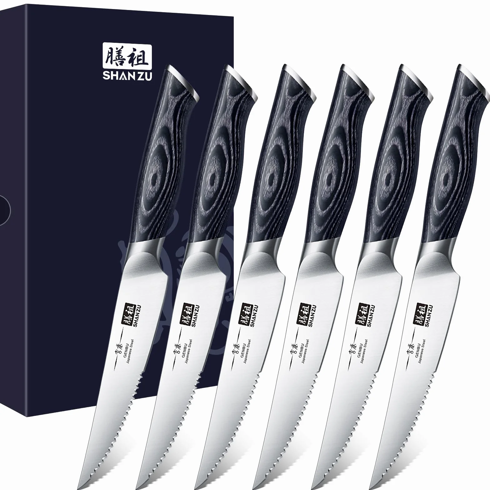 SHAN ZU Couteaux à Steak 6 Pièces, Set de Table, Lame Ultra-Fine Acier Inoxydable, Manche Bois K133 Série Genbu