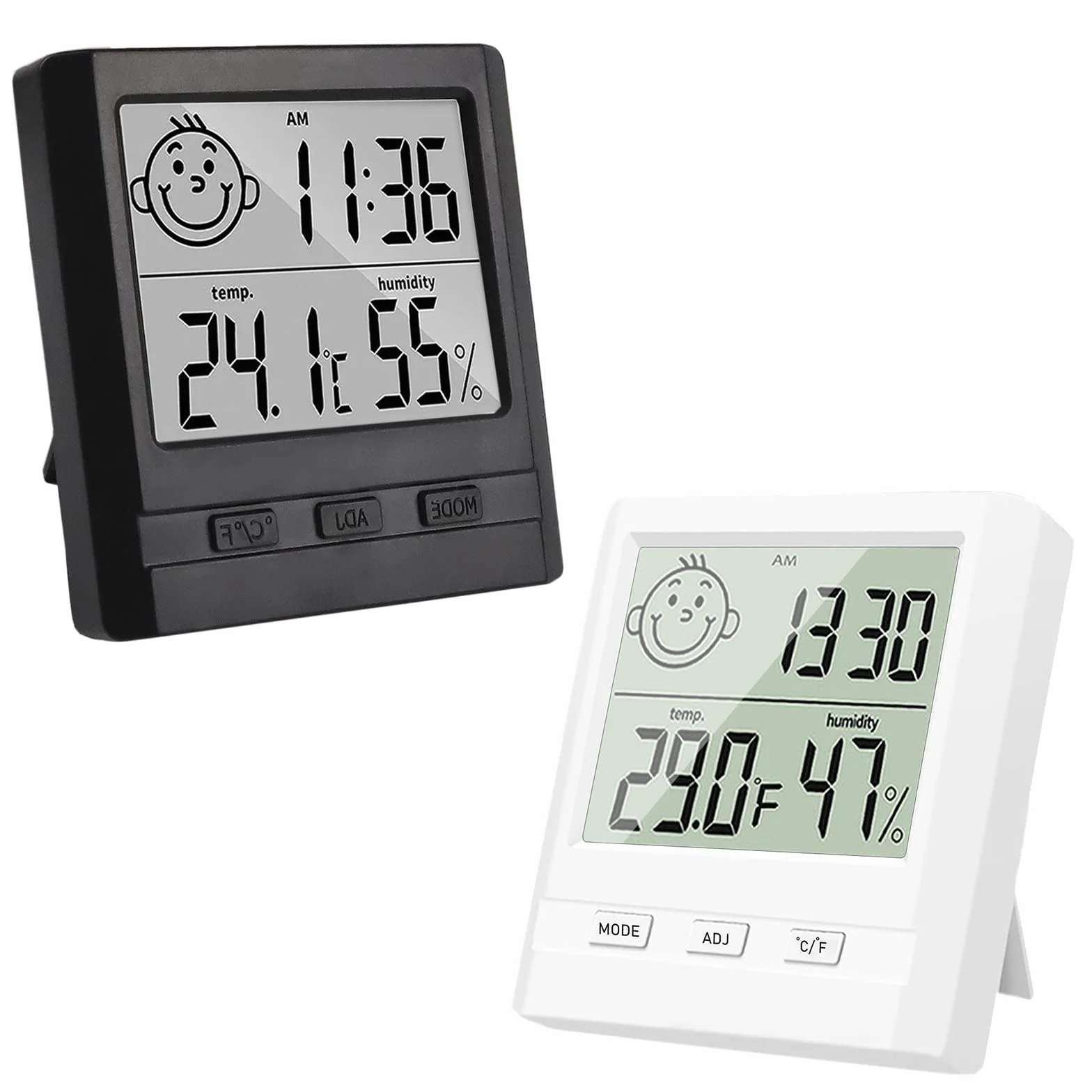 Hygromètre Numérique avec Horloge Lot de 2 - Thermomètre Intérieur Blanc et Noir
