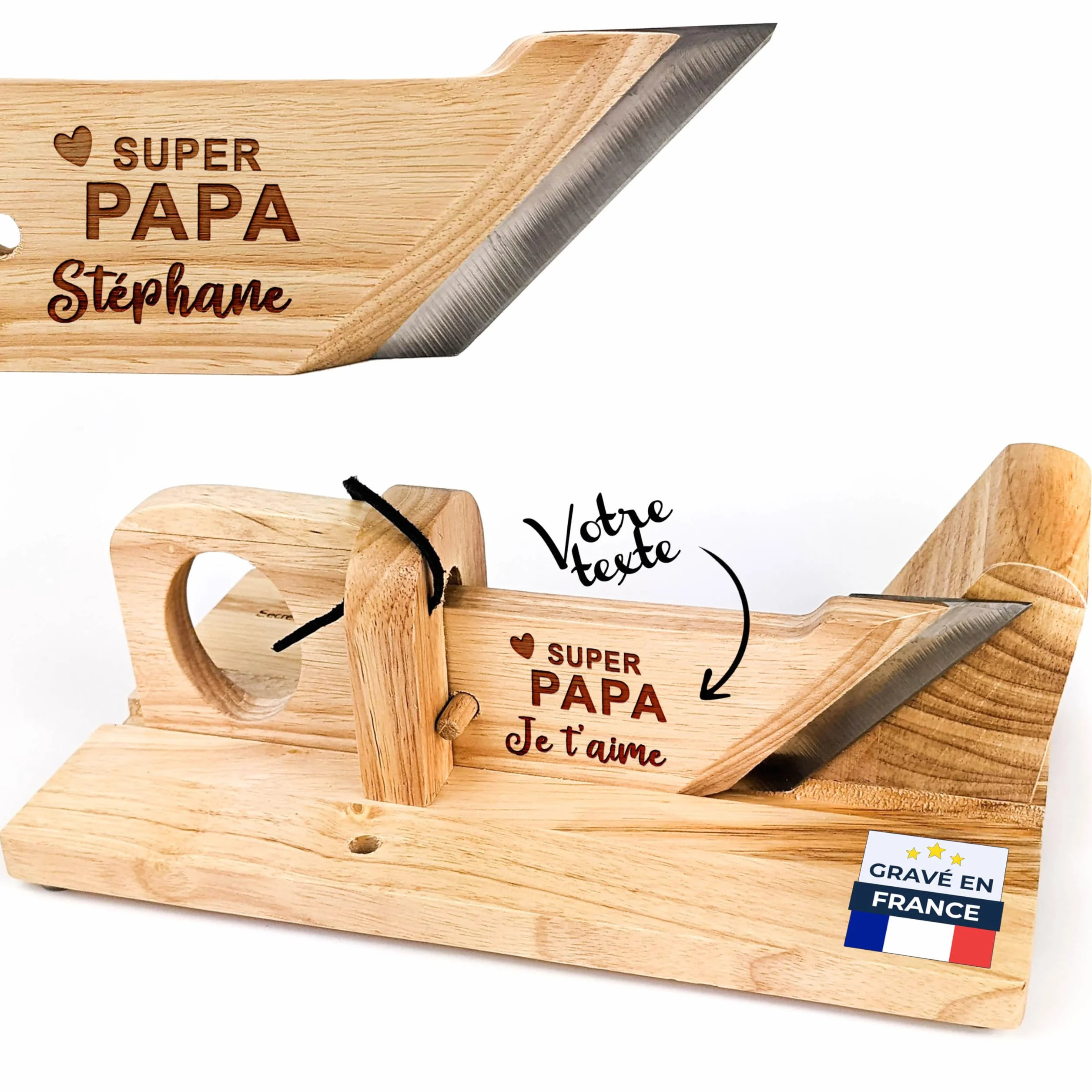 Guillotine Saucisson Personnalisé - Trancheuse Gravée avec Texte - Cadeau Papa Homme Noël Fête des Pères