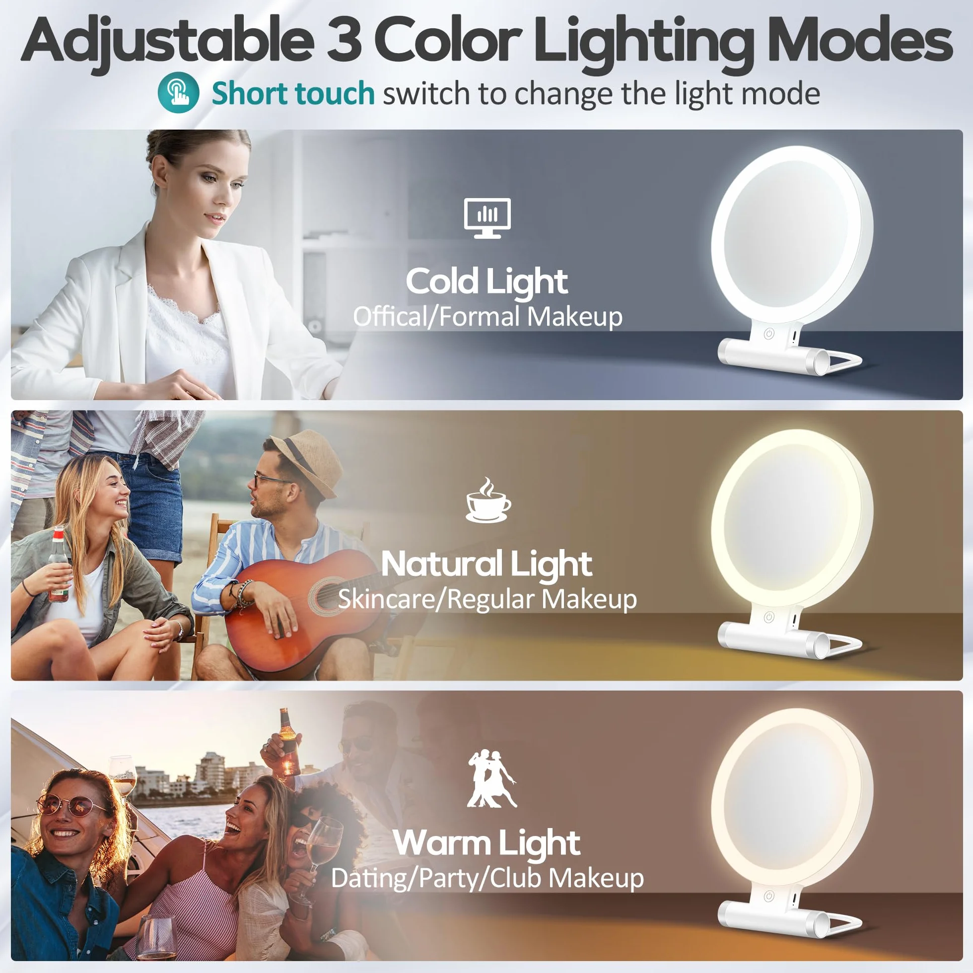 B Beauty Planet Miroir grossissant Double Face 1X/30X avec lumière, 3 Modes d'éclairage, 2000mAh, Miroir de Maquillage de Voyage Compact