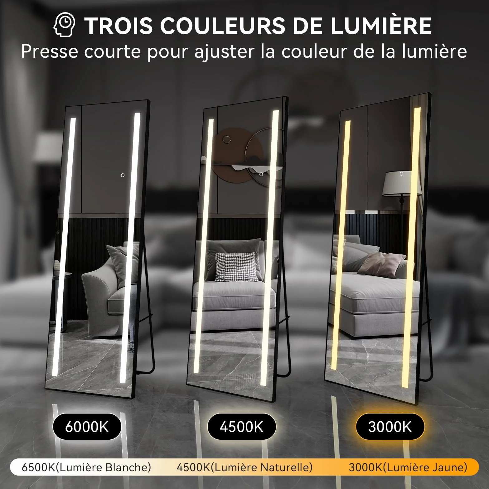 Grand Miroir sur Pied LED 150x50cm, Miroir Plein Pied Mural, 3 Couleurs Dimmable, Cadre Aluminium, Rectangulaire Noir