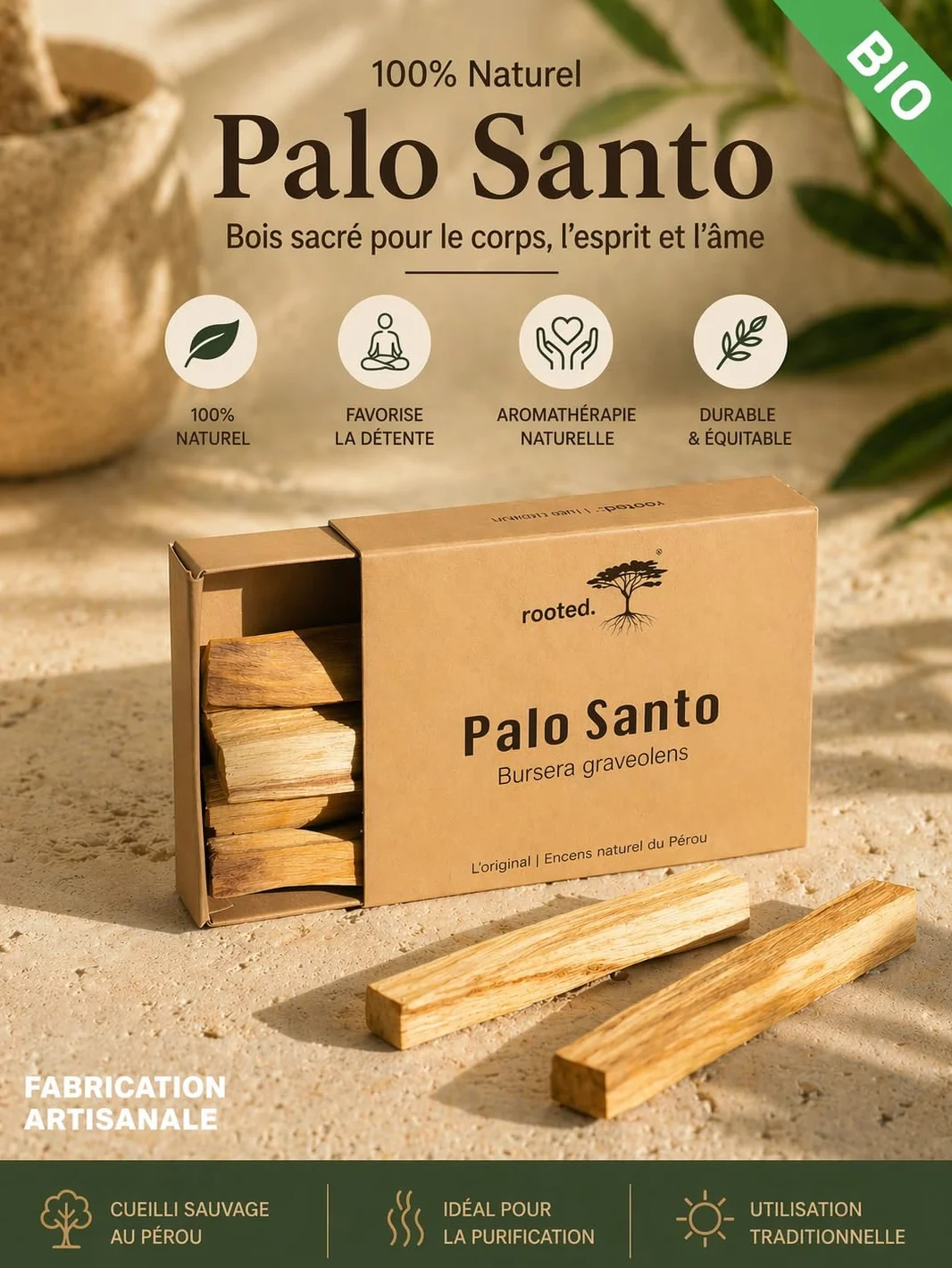 rooted.® L'Original Palo Santo - Bois sacré du Pérou - Encens - Méditation et Purification - Récolte Durable