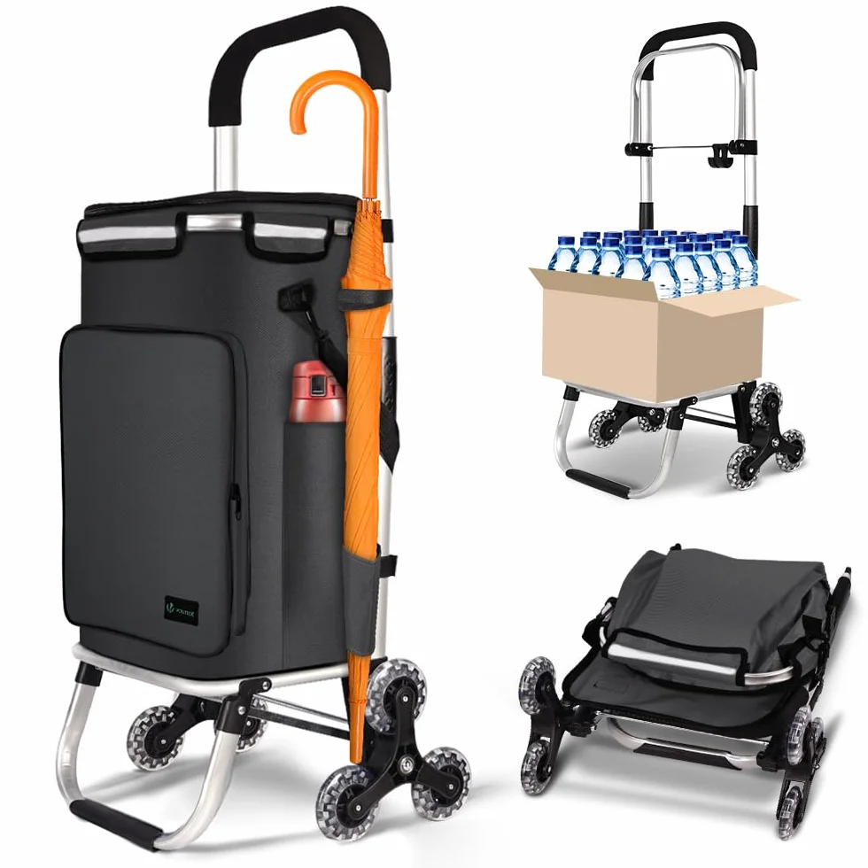 VOUNOT Chariot de Courses 6 Roues en Aluminium Isotherme Pliable 3 en 1 Noir