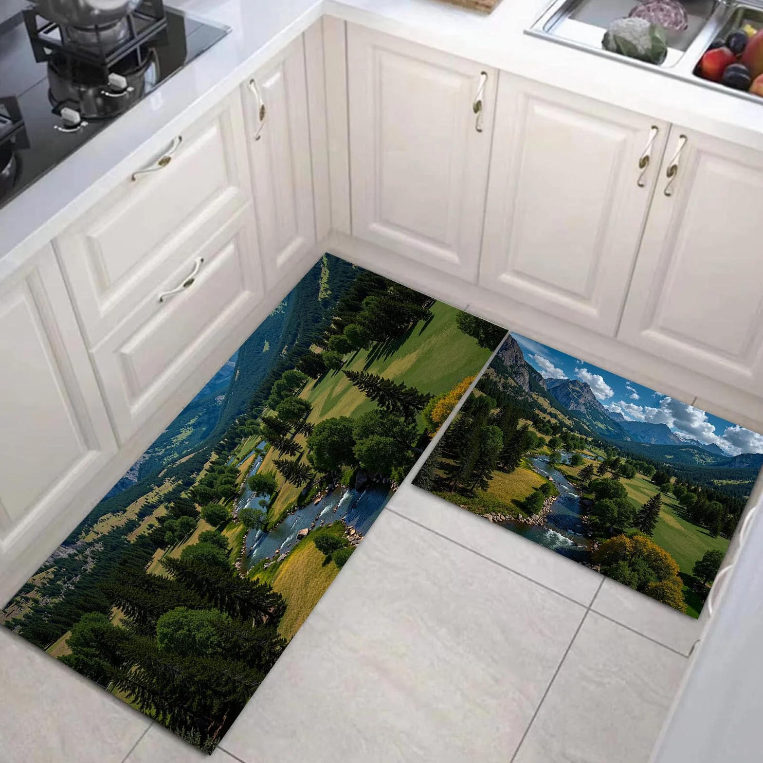 Tapis Cuisine Antiderapant Lavable Lot De 2 Parc Forestier Naturel, Tapis Anti-Fatigue Design Paysage Montagne Vert Foncé pour Couloir Salle À Manger Entrée