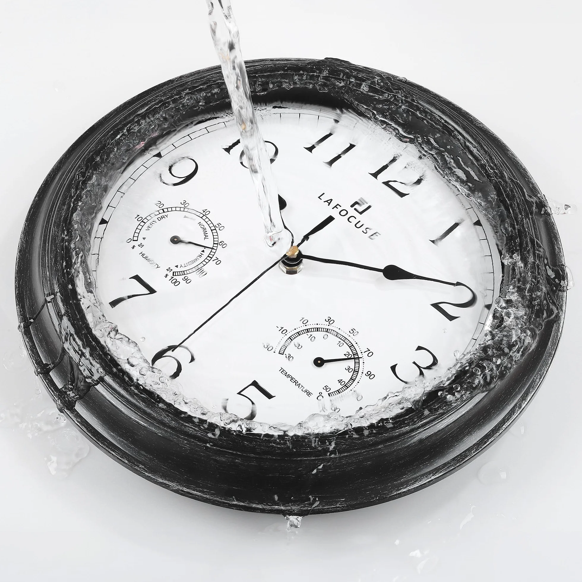 Lafocuse Horloge Murale Exterieure Etanche 30cm avec Thermomètre et Hygromètre Vintage Noir