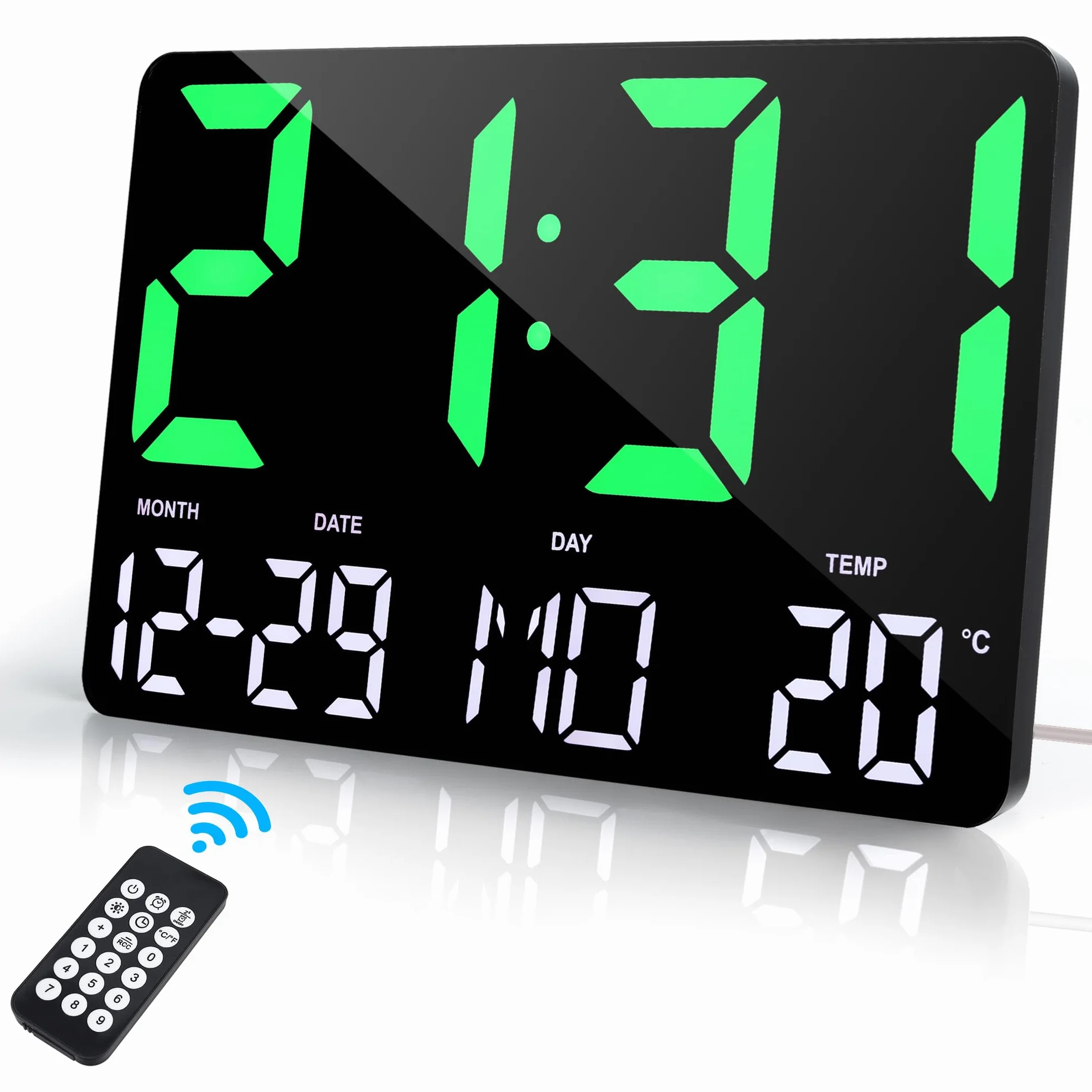 Lafocuse Horloge Murale Numérique LED 12" avec Télécommande, Température, Date, Alarme, Snooze, Luminosité Réglable, Vert