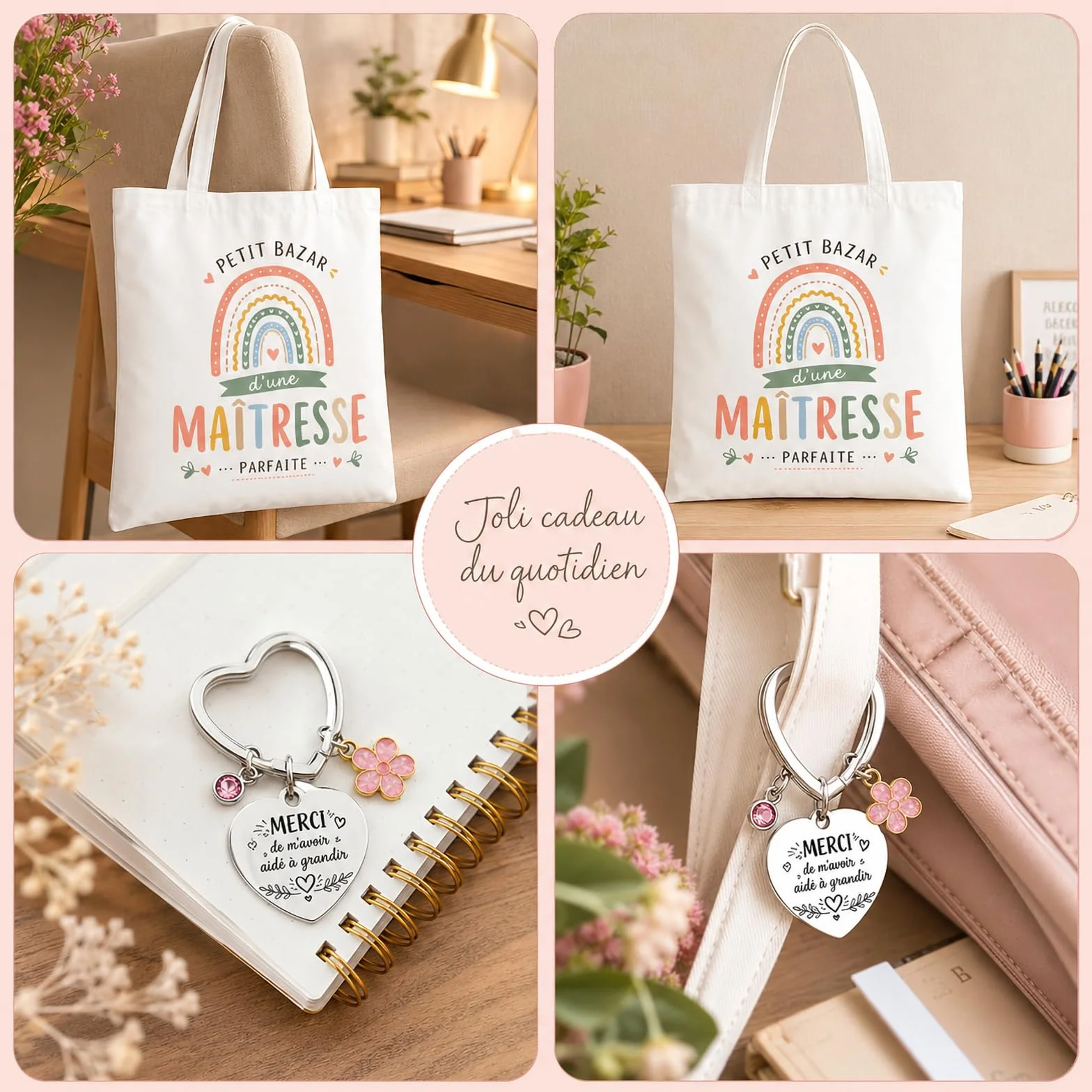 Sac En Toile & Porte-Clés Cœur En Acier Inoxydable Cadeau Maitresse D'École Original