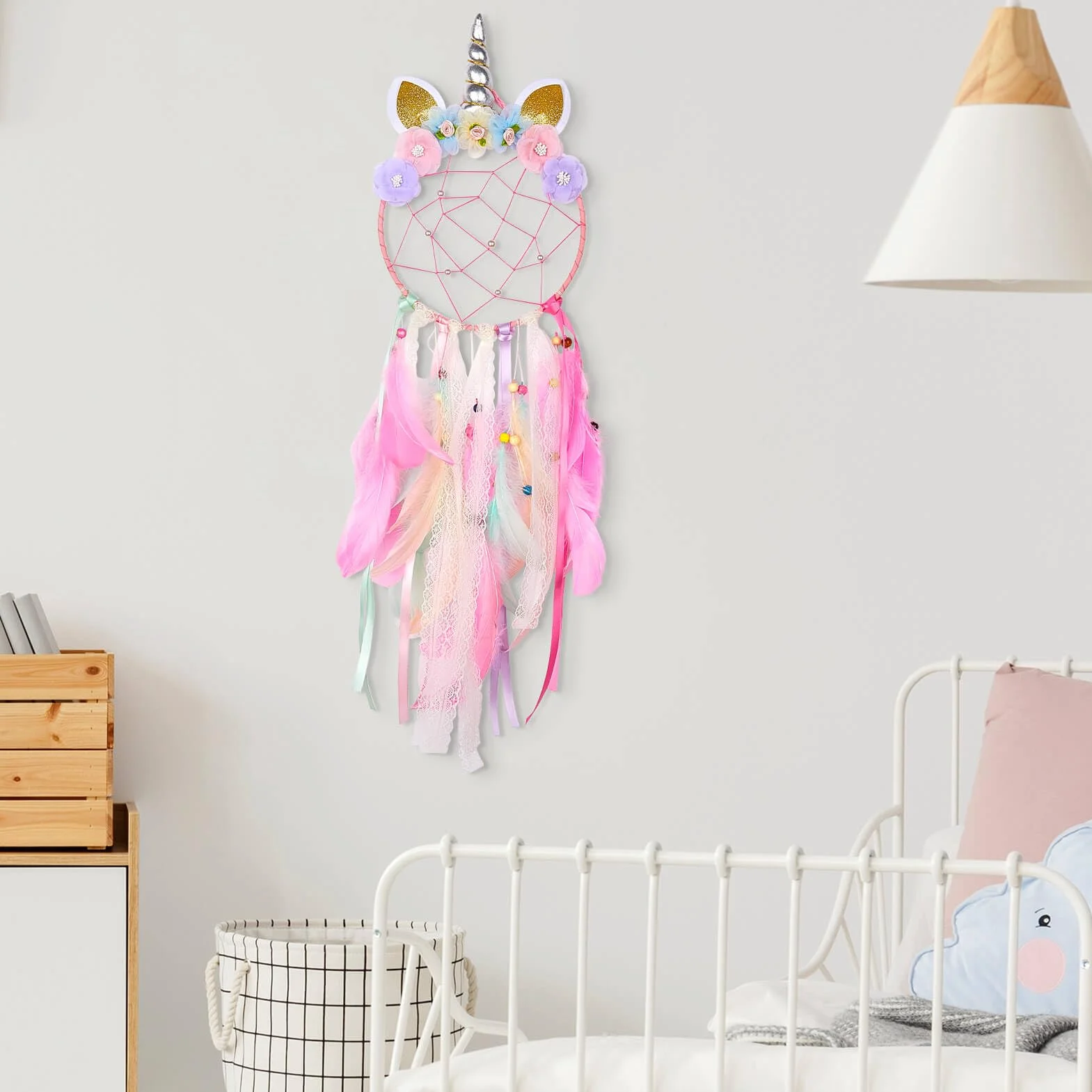 Grand attrape-rêves licorne pour filles - Décoration murale fleurs colorées fait main