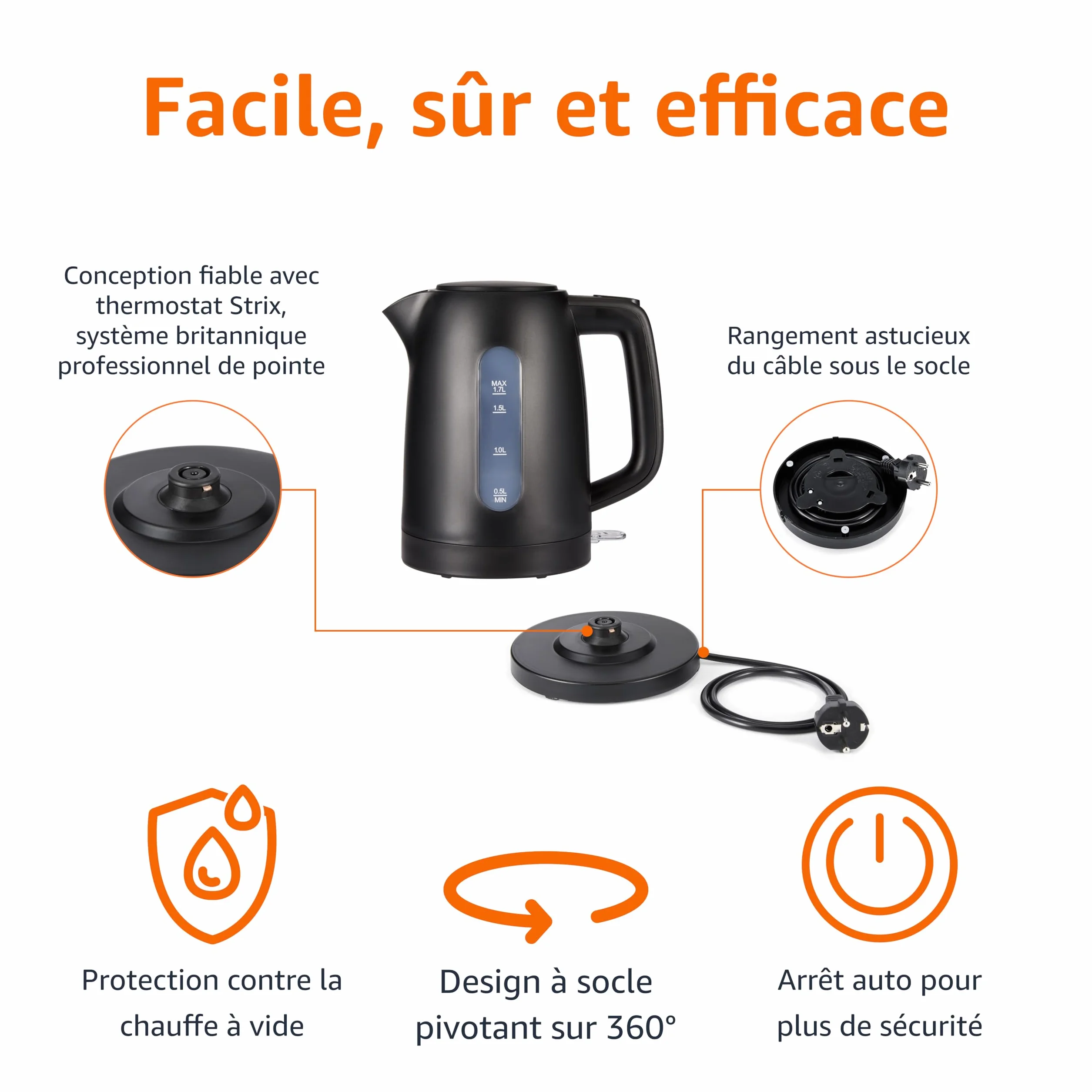 Amazon Basics Bouilloire Électrique 1,7L 2200W Sans BPA Base 360° Noir Mat