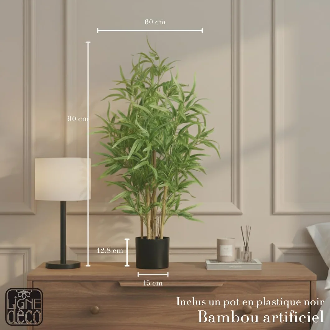 Bambou Artificiel 90cm Plante Artificielle Pot Plastique Noir Interieur Decoration Maison