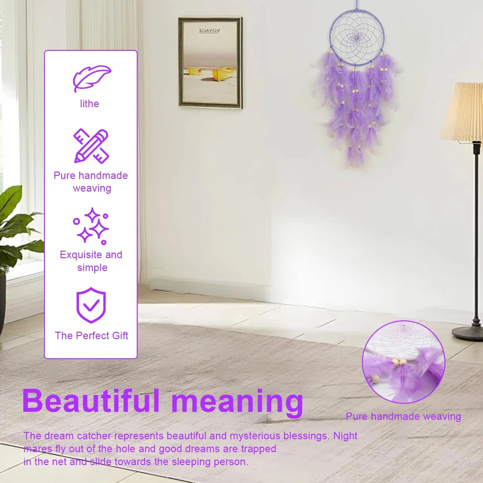 Attrape-rêves en macramé violet avec plumes fait main