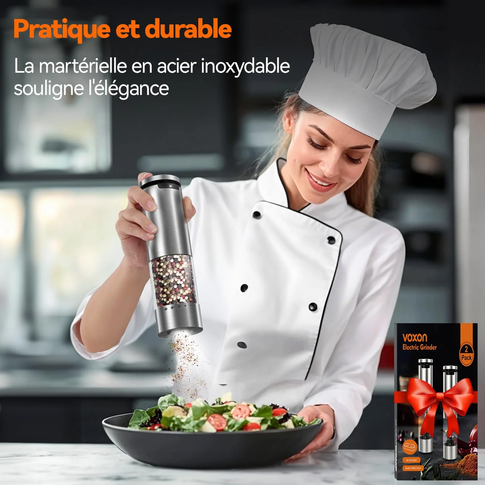 VOXON Lot de 2 moulins à sel et à poivre rechargeable USB, 5 niveaux de mouture réglable, électrique avec lumière LED