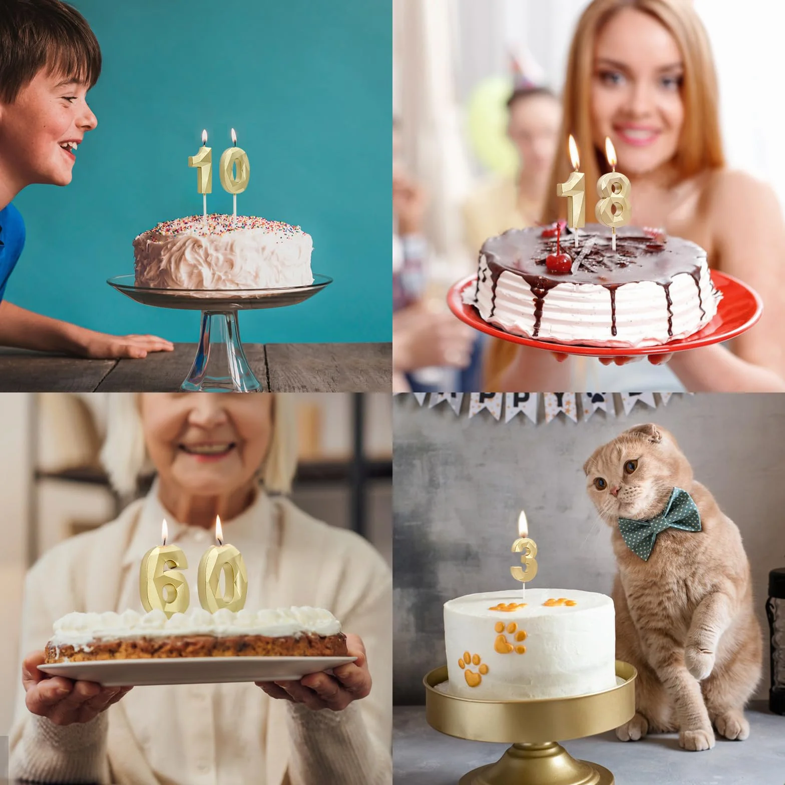 Bougies d'anniversaire Chiffres 3D Bougie Numéro 10 Dorées pour Gâteau