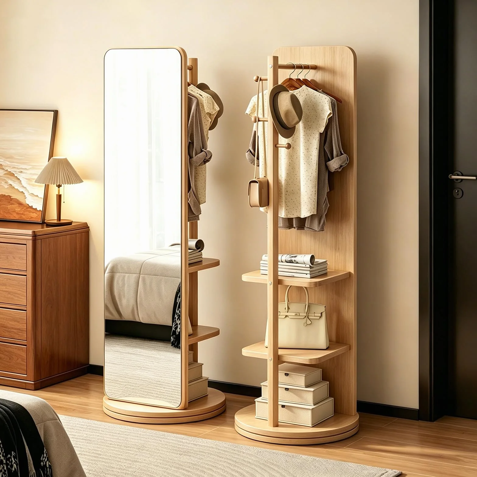 Miroir Pleine Longueur Rotatif à 360° avec Portemanteau en Bois Massif pour Chambre