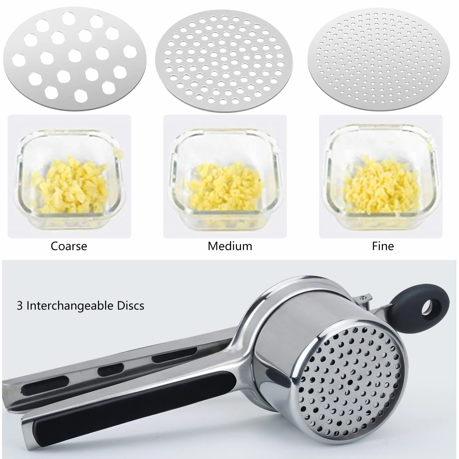 Presse Purée Manuelle Acier Inoxydable avec 3 Disques Interchangeables pour Purée de Pommes de Terre et Jus de Citron