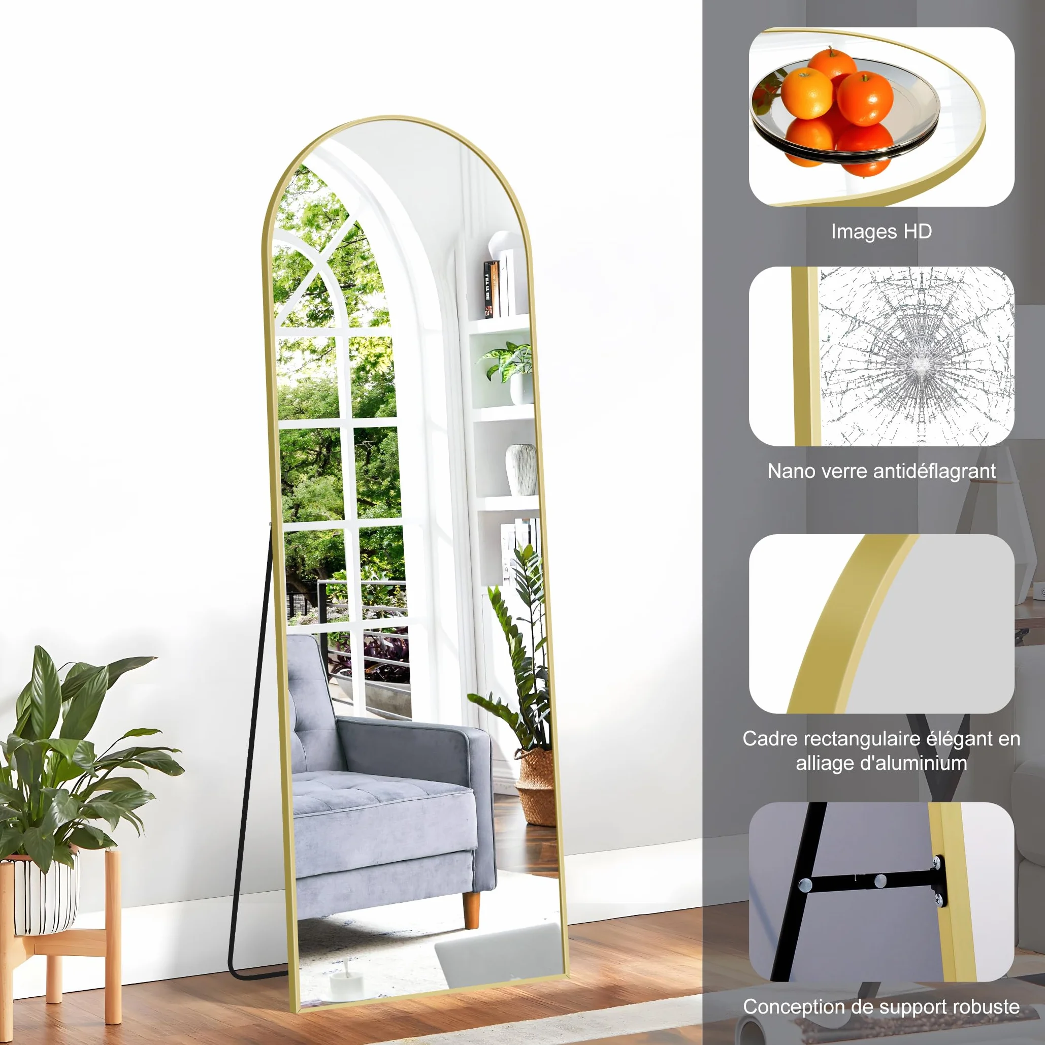 Miroir Arqué Pleine Longueur 150 x 40 cm, Pied Penché ou Suspendu, Cadre Métal Doré, Anti-déflagrante, Pour Salon Chambre