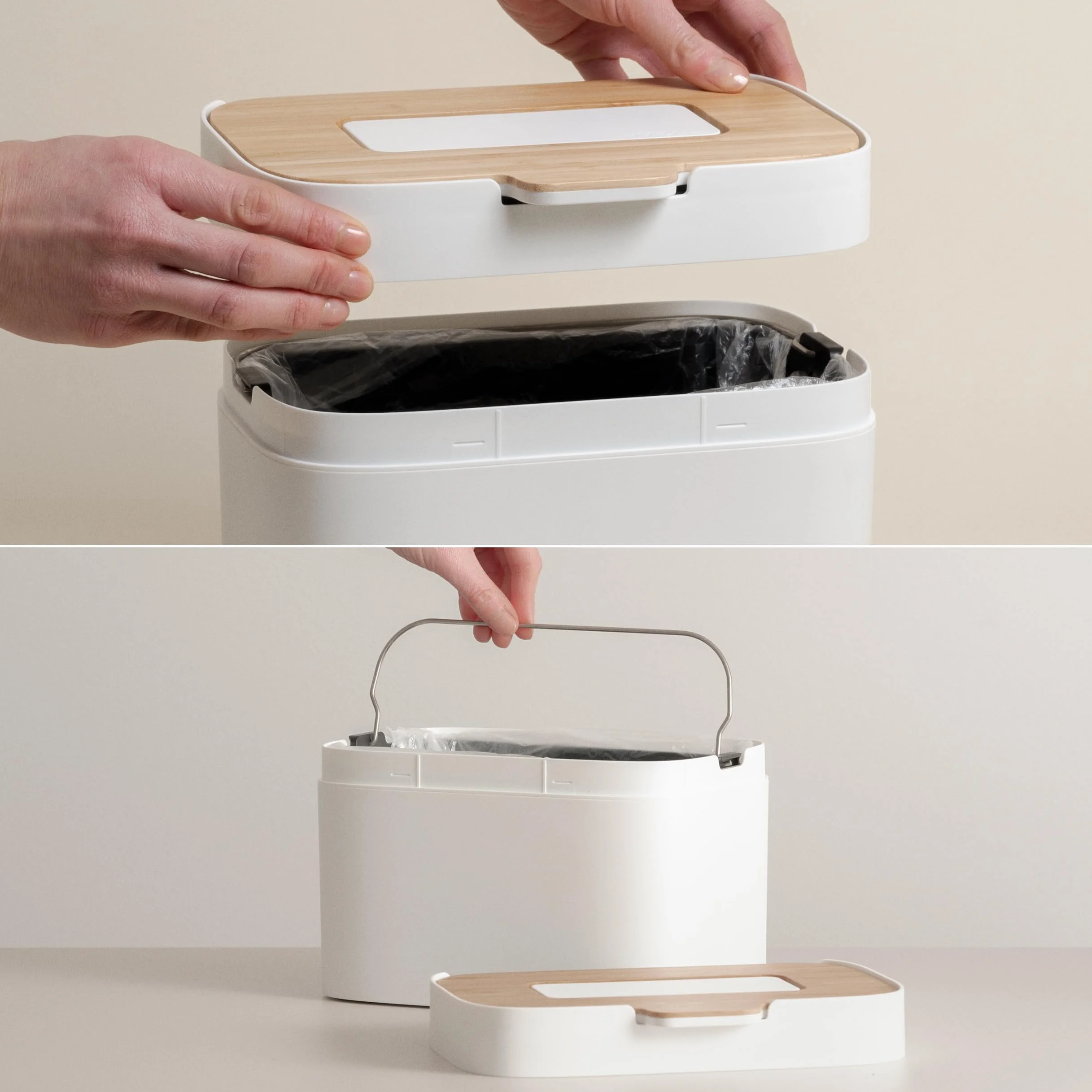 Poubelle Compost KAZAI 'Elin' 4,5L Bac à Compost Organique avec Couvercle en Bois & Filtre, Composteur de Cuisine sans Odeur, Lavable au Lave-Vaisselle, Blanc cassé/Bambou