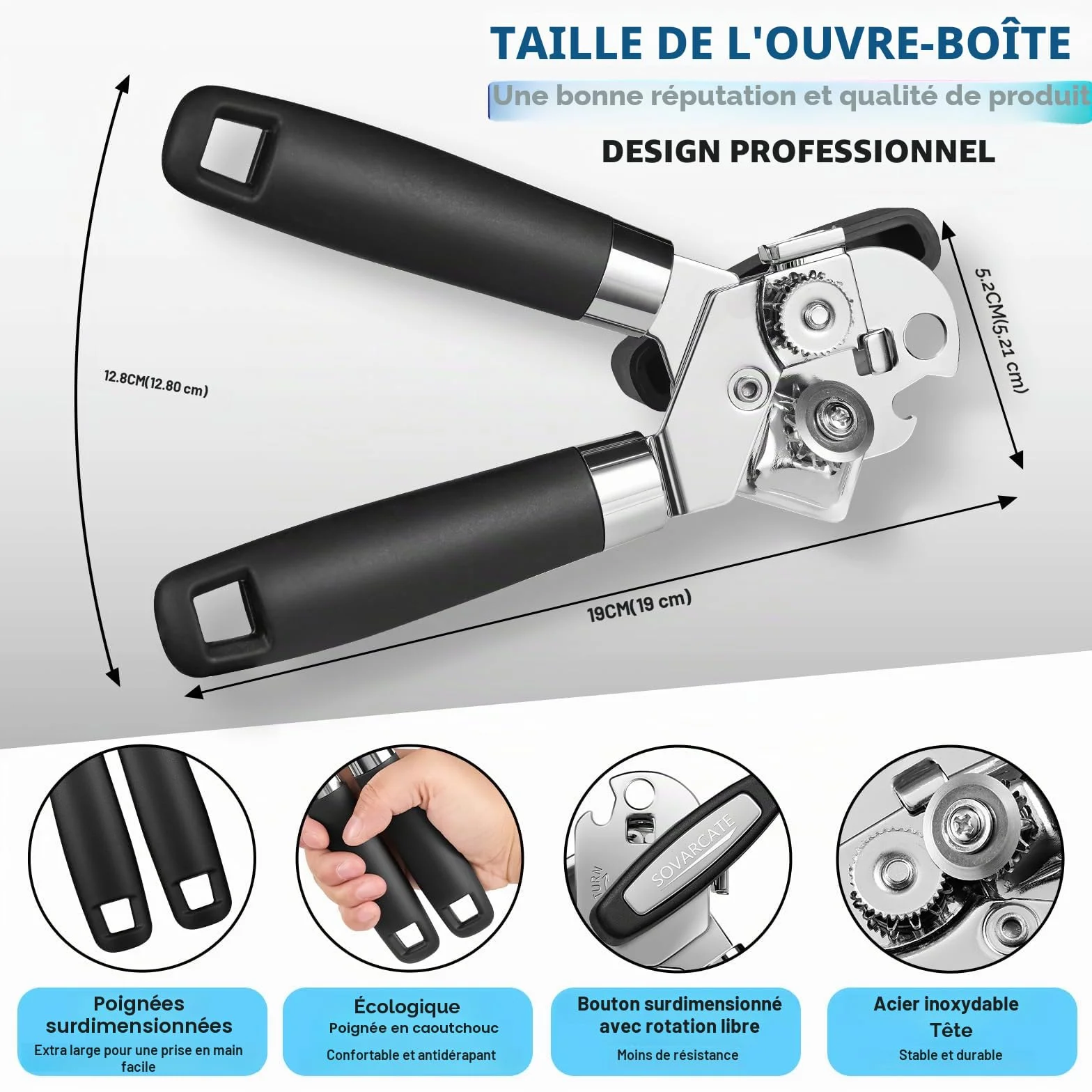 Ouvre Boite de Conserve Manuel Multifonctionnel avec Aimant de Levage, Poignée Ergonomique pour Personnes Agées et Arthrite