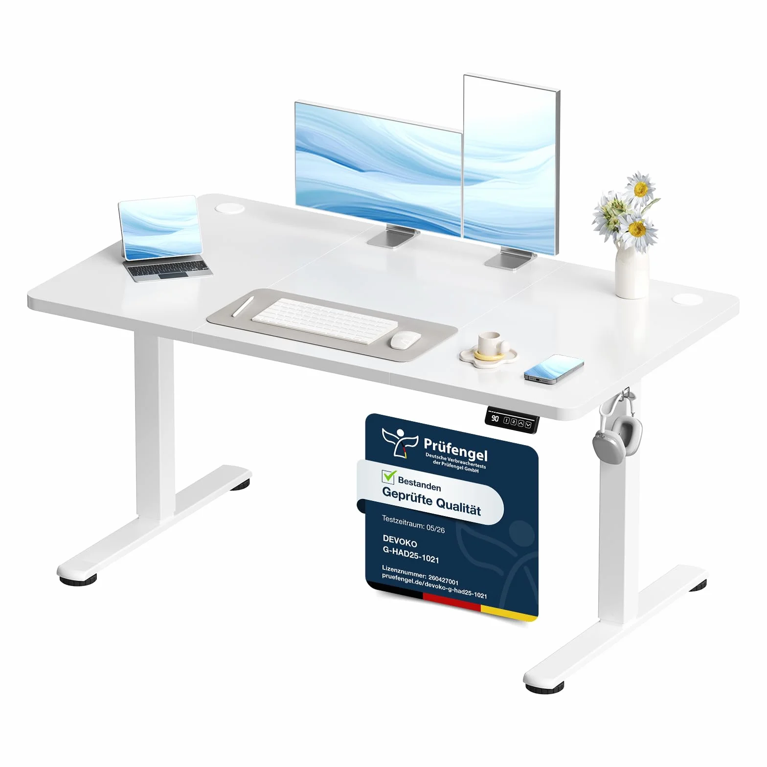 Bureau Assis Debout Électrique 120x60 cm - Réglable en Hauteur Motorisé avec 2 Mémoires - Blanc