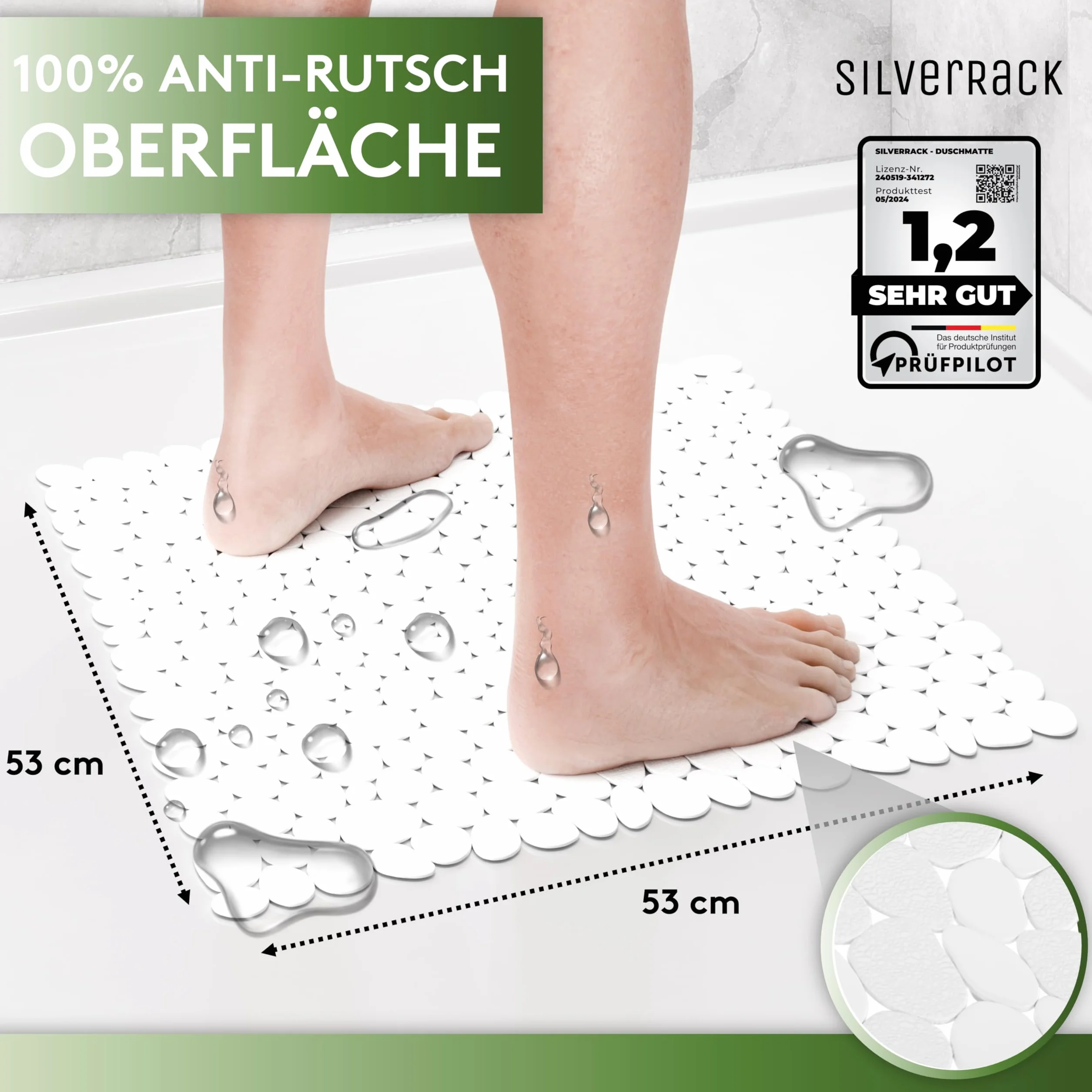 SilverRack DermaSensitivo Tapis de douche antidérapant 53 x cm blanc effet galets sans BPA
