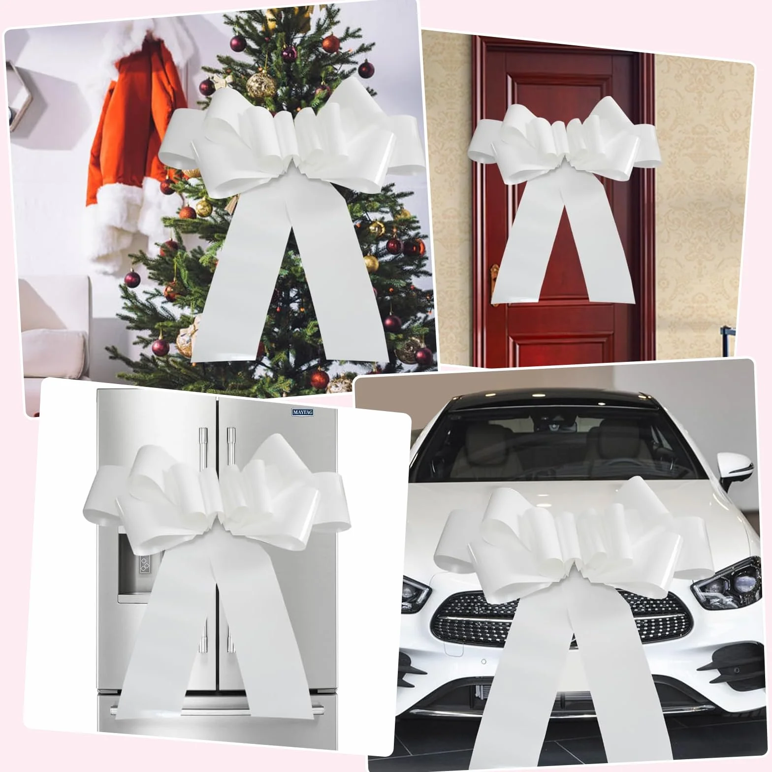 Grand Nœud Cadeau Blanc 76 cm pour Voiture Mariage avec Ventouses et Ruban Adhésif Double Face