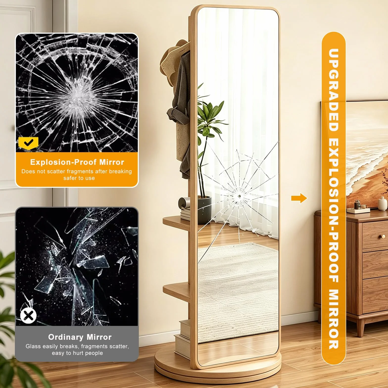 Miroir Pleine Longueur Rotatif à 360° avec Portemanteau en Bois Massif pour Chambre