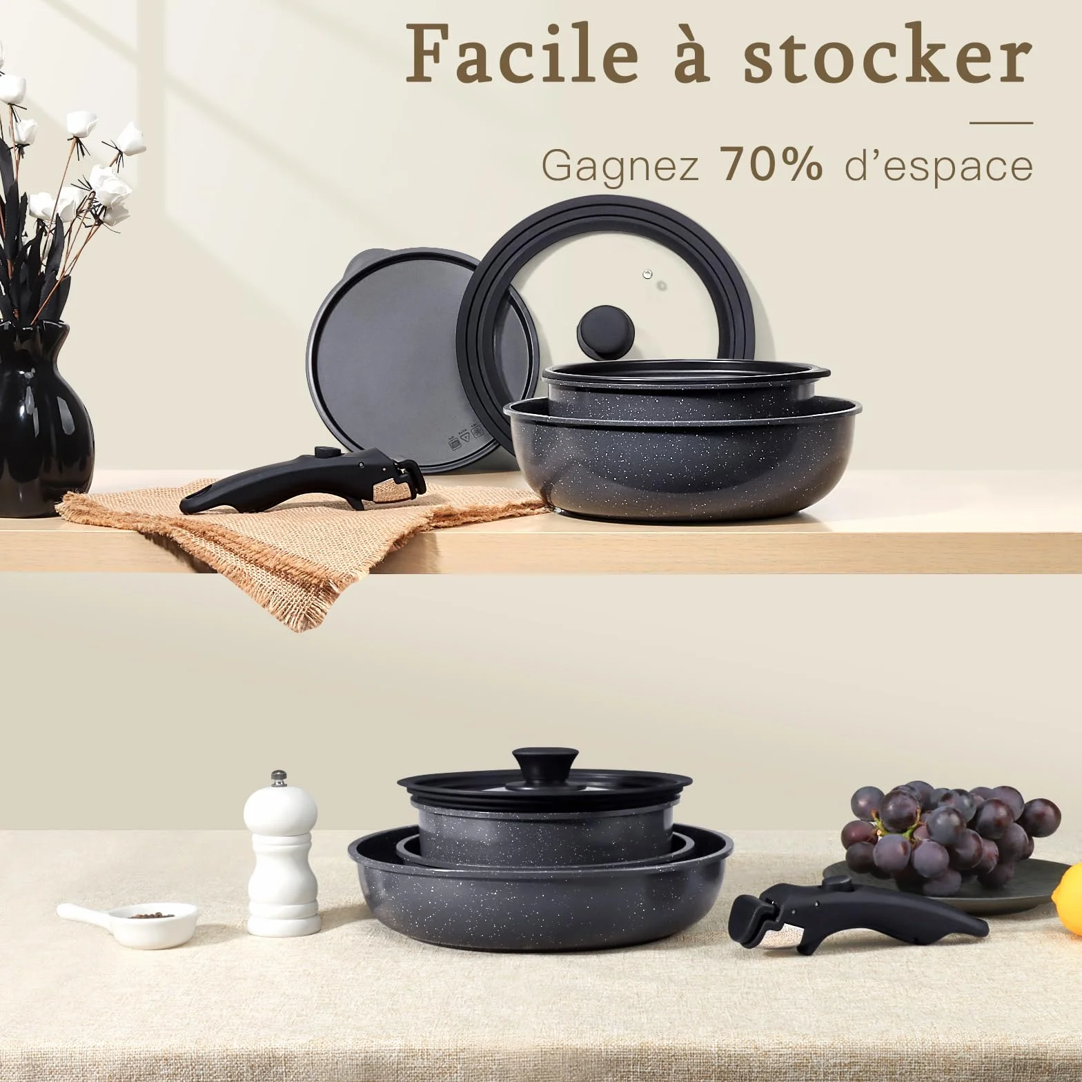 GiPP Poêles et Casseroles Antiadhésives Granit 21PCS Amovible Tous Feux Noir