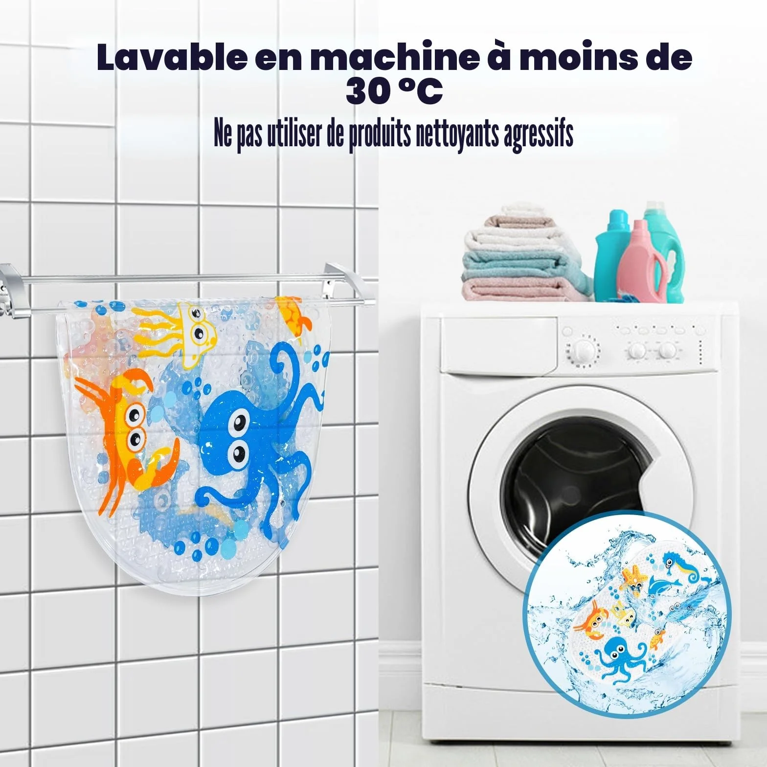 Tapis de Bain Bande Dessinée Antidérapant avec Ventouse 71x38cm Pieuvre