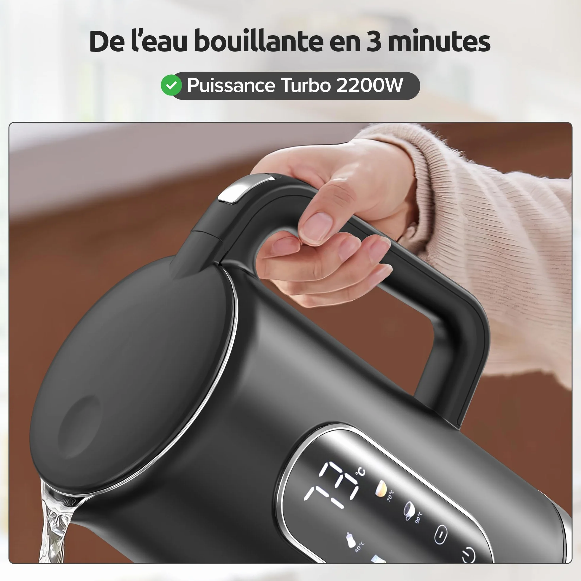 Bouilloire Électrique Olvy 1,7 L 2200W Double Paroi Inox Chauffe-Eau Rapide